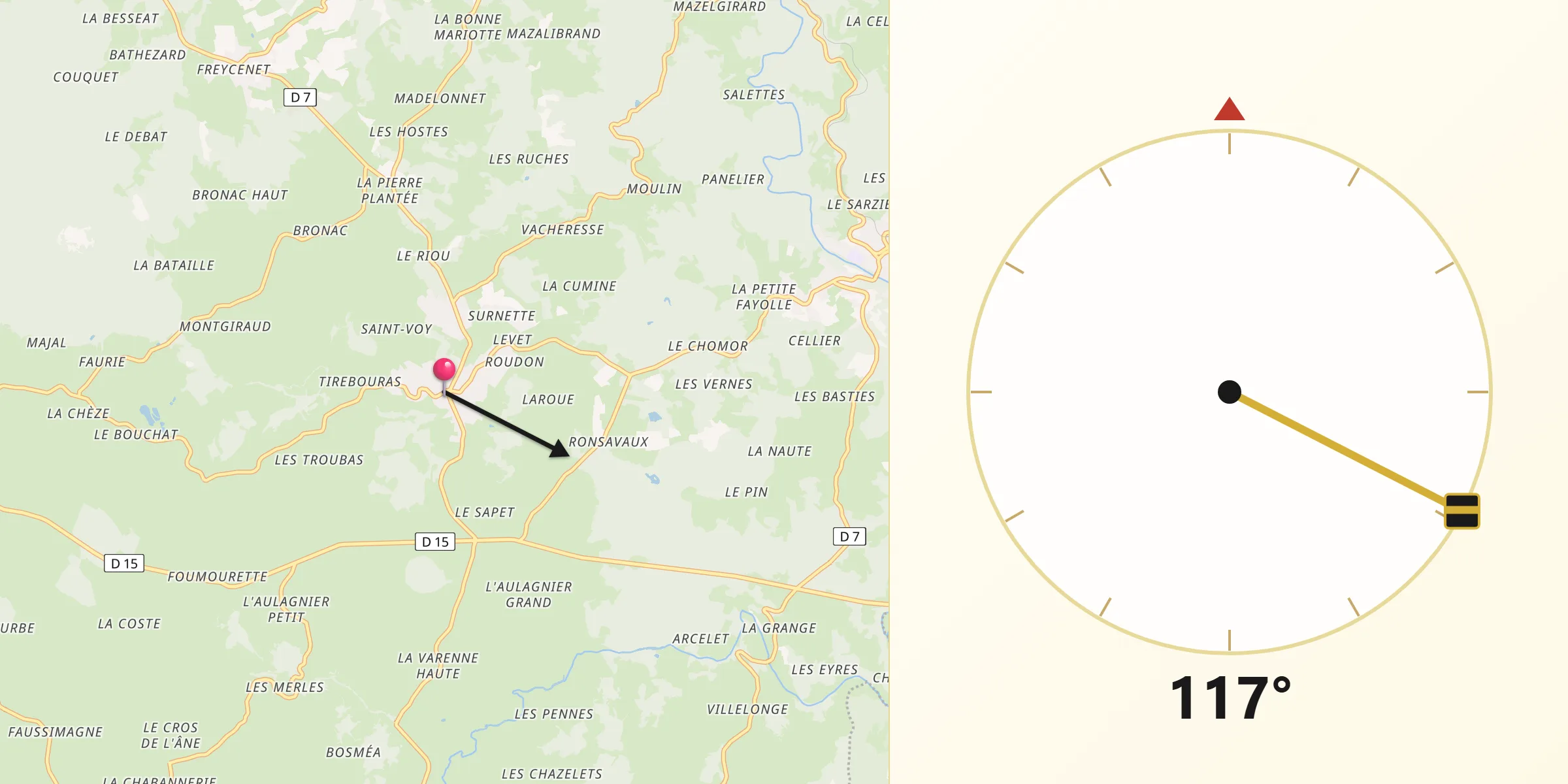 Direction vers la Qibla depuis Mazet-Saint-Voy