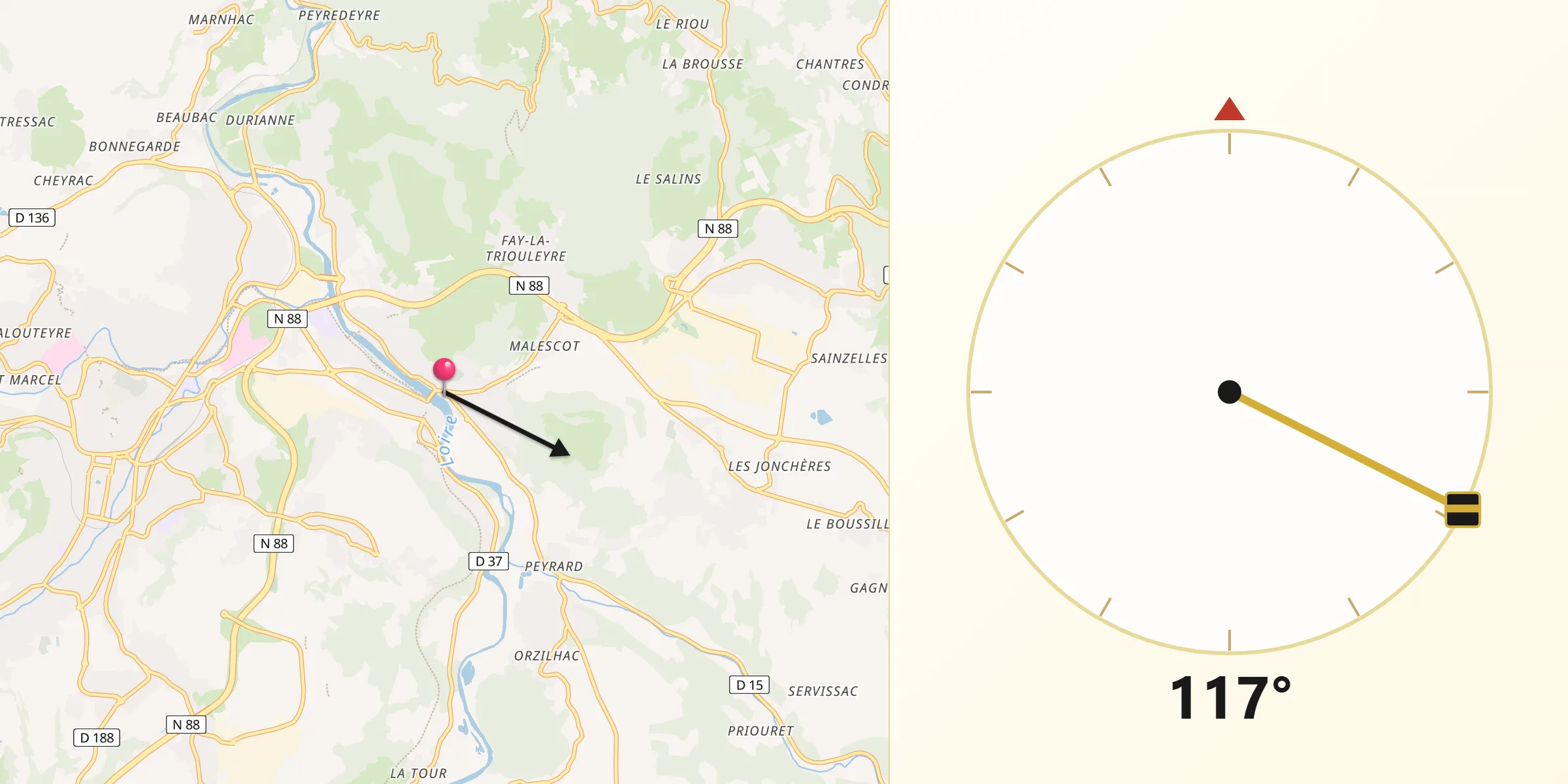 Direction vers la Qibla depuis Brives-Charensac