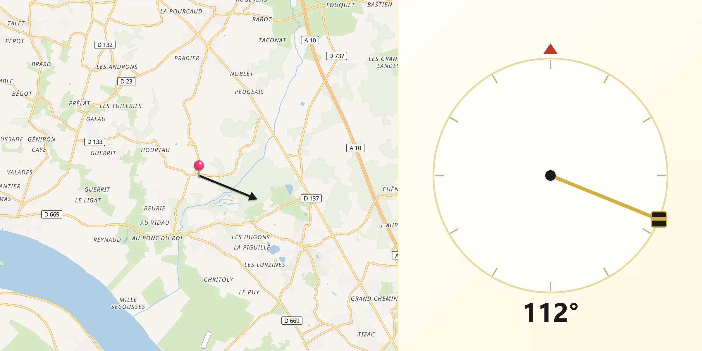 Direction vers la Qibla depuis Tauriac
