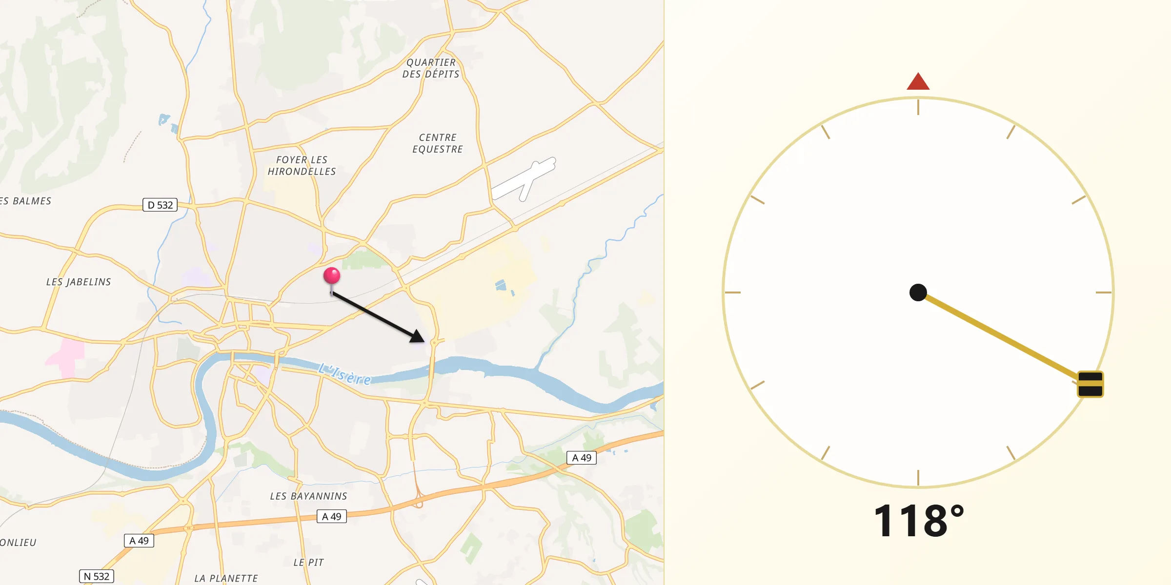 Direction vers la Qibla depuis Romans-sur-Isère
