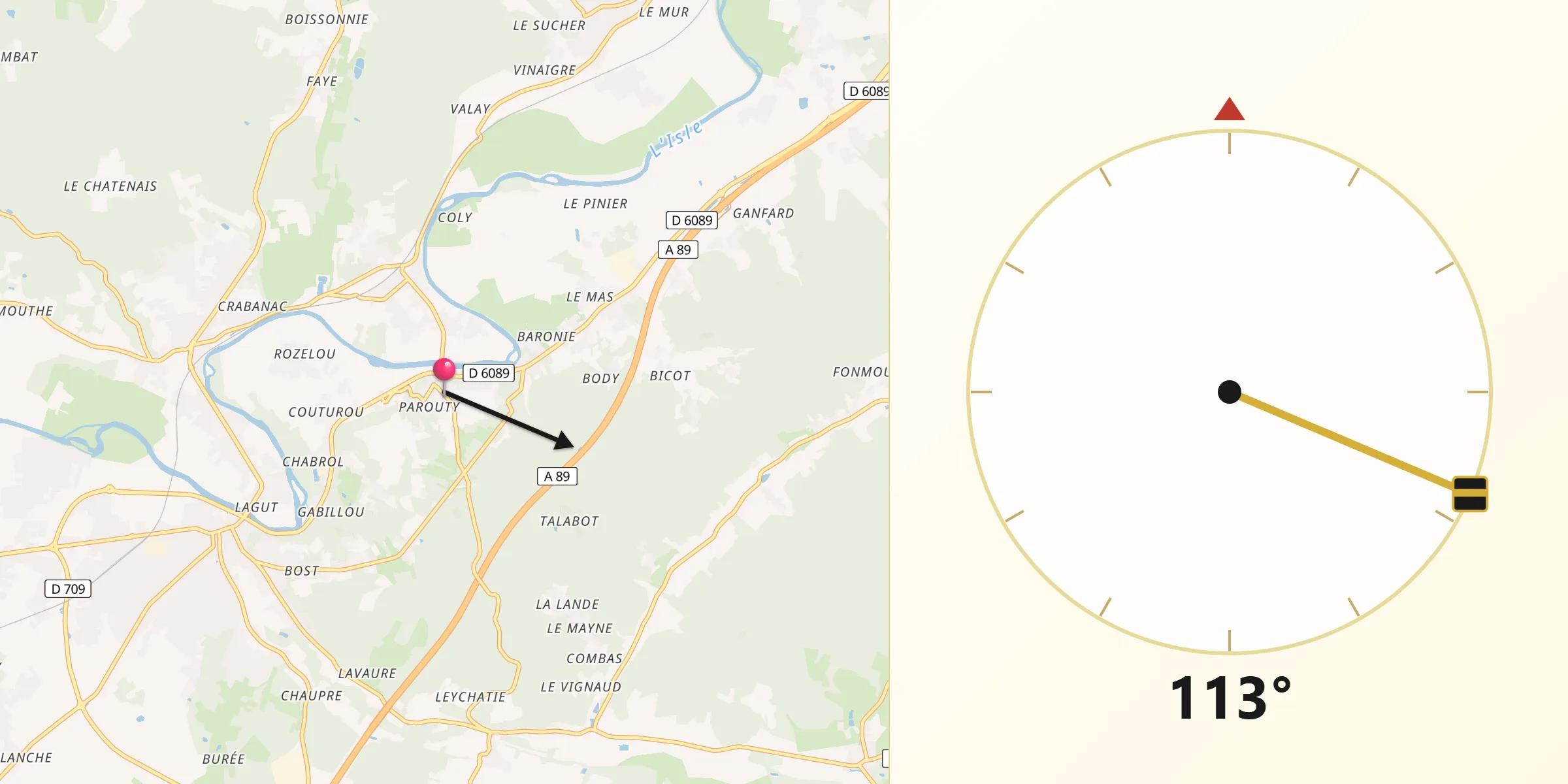 Direction vers la Qibla depuis Sourzac