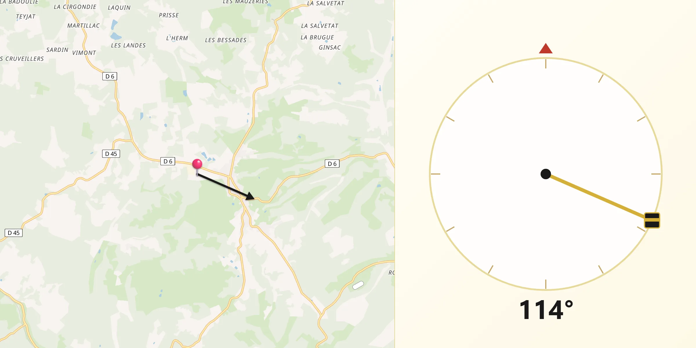 Direction vers la Qibla depuis Rouffignac-Saint-Cernin-de-Reilhac