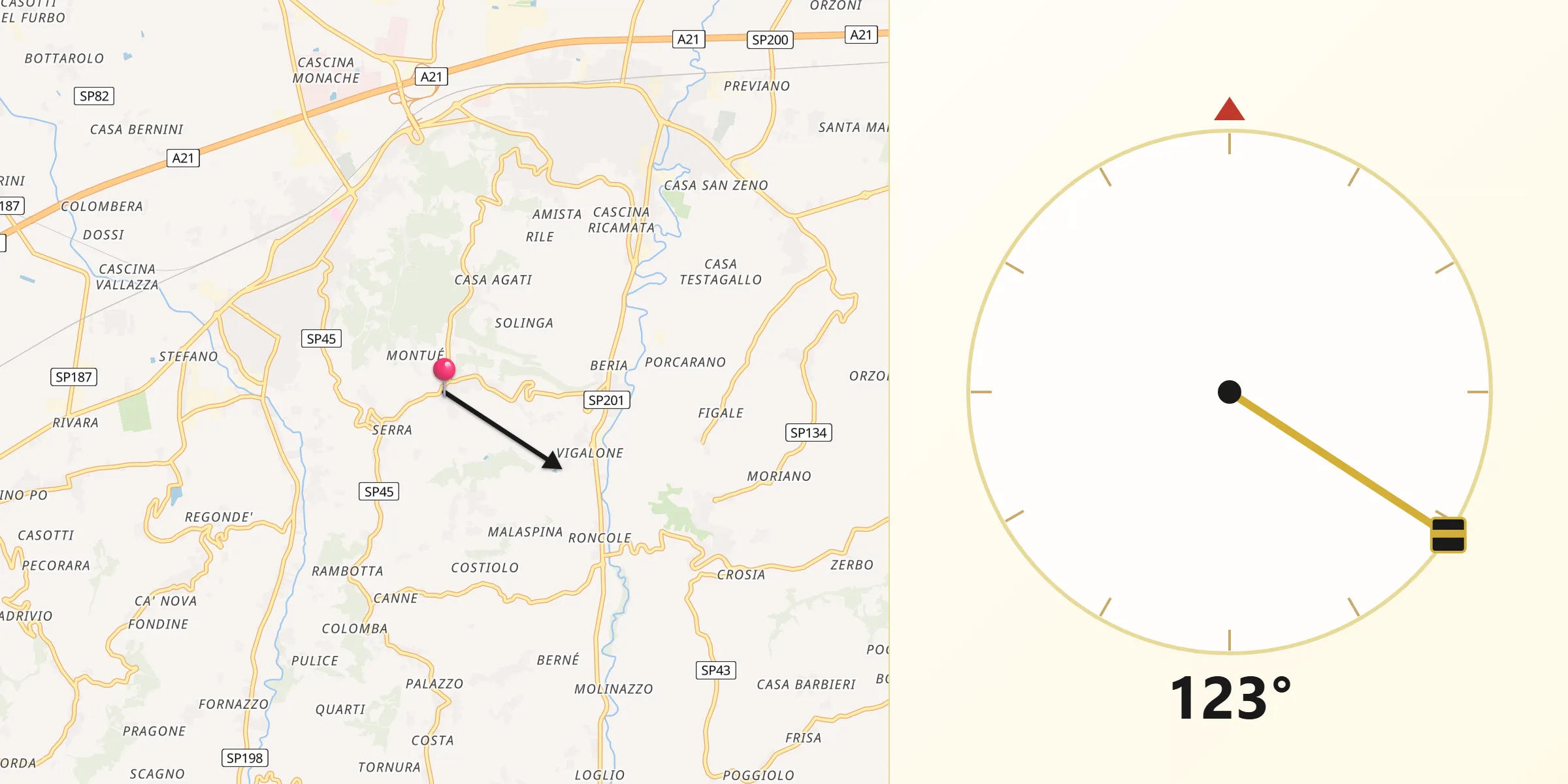 Direzione della Qibla da Canneto Pavese
