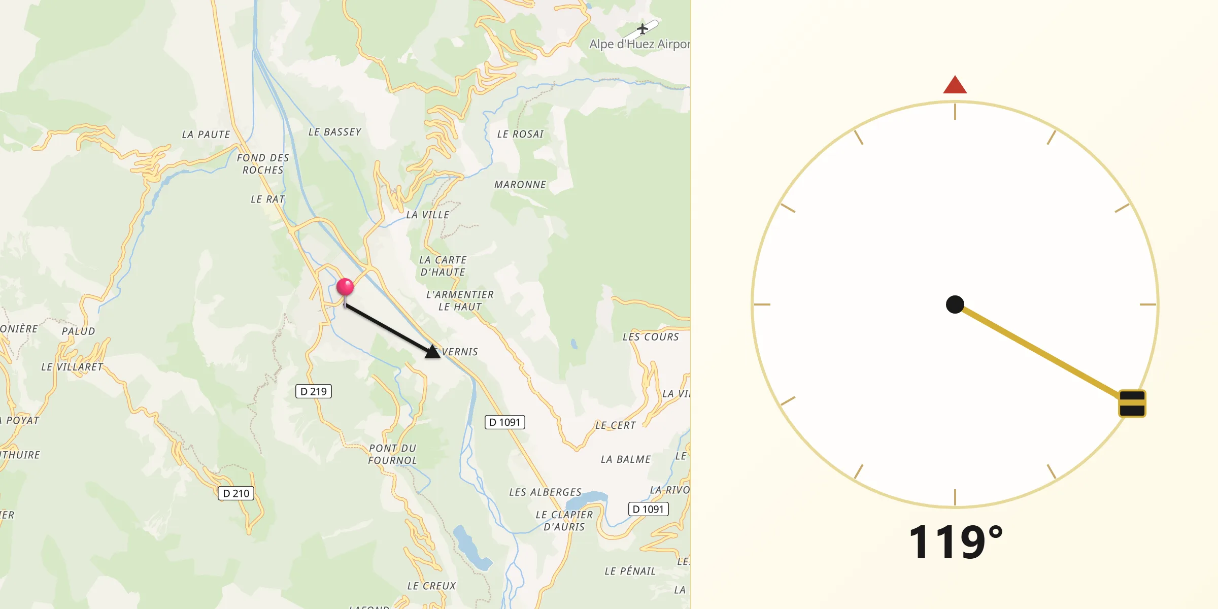 Direction vers la Qibla depuis Le Bourg-d’Oisans