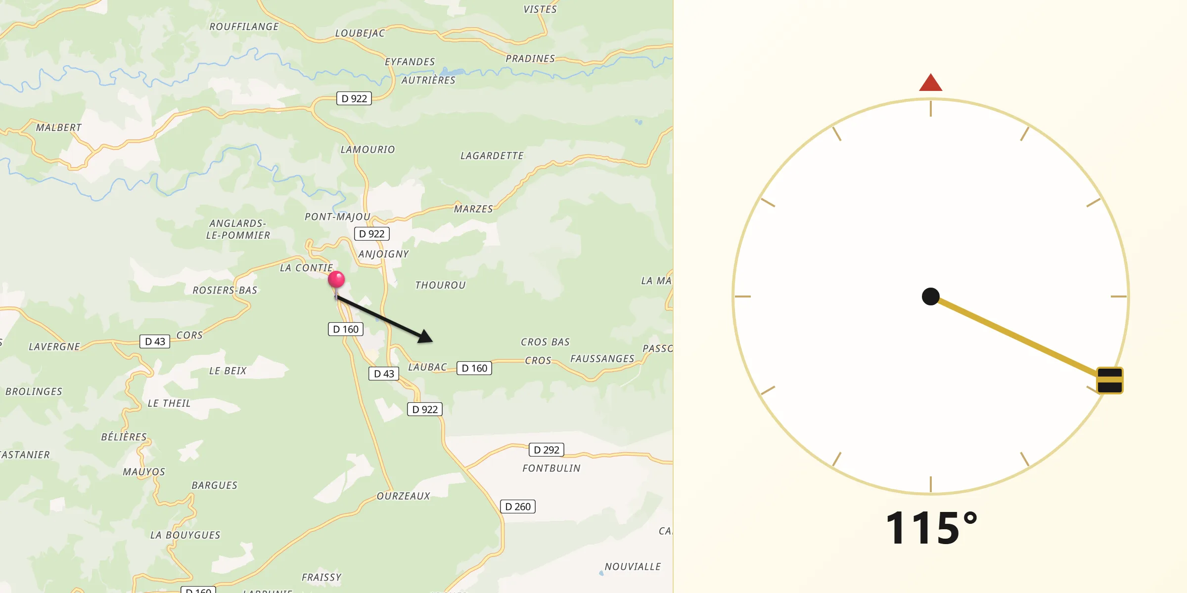 Direction vers la Qibla depuis Saint-Cernin