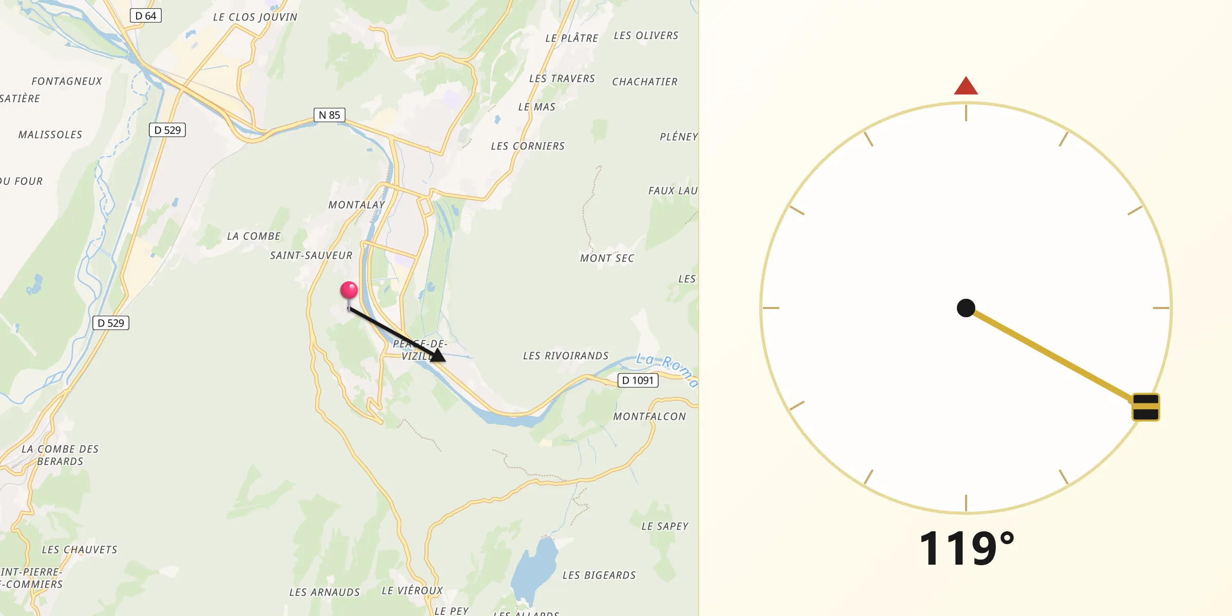 Direction vers la Qibla depuis Notre-Dame-de-Mésage