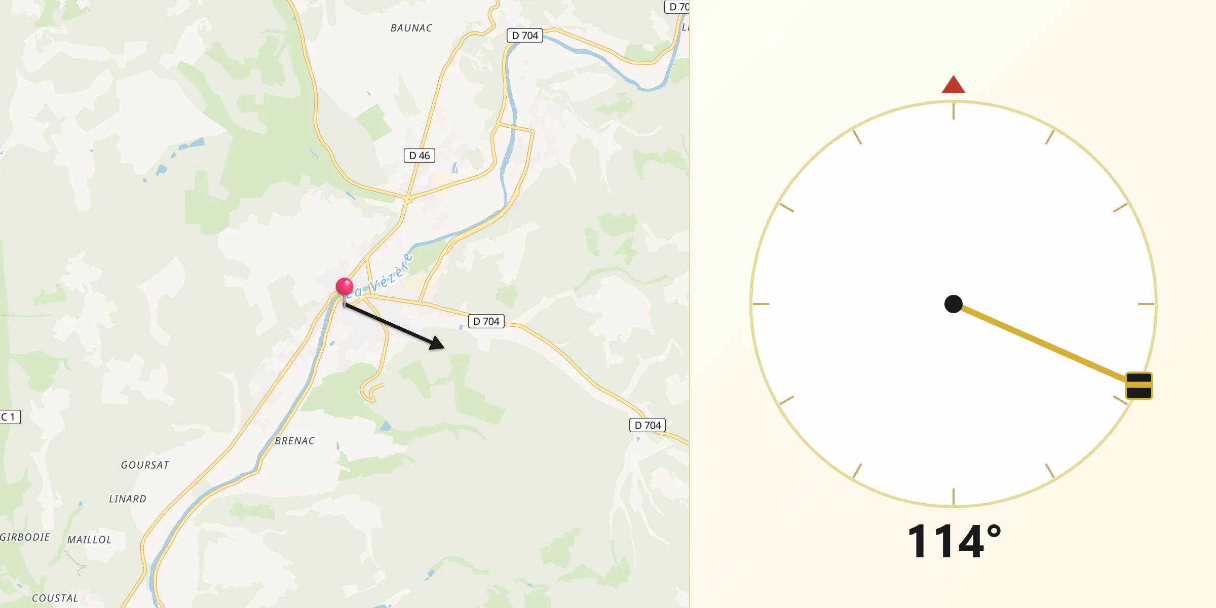 Direction vers la Qibla depuis Montignac