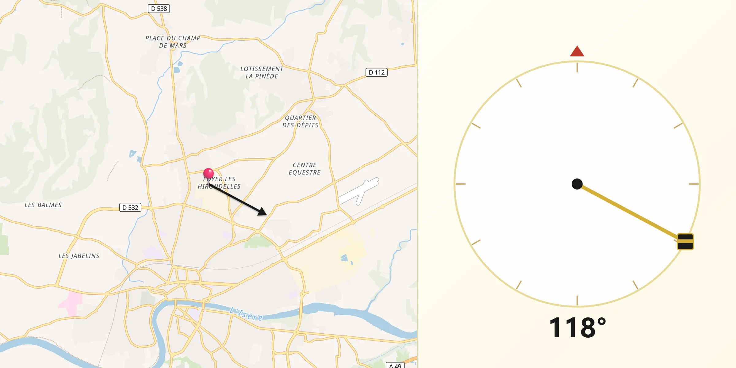 Direction vers la Qibla depuis Mours-Saint-Eusèbe