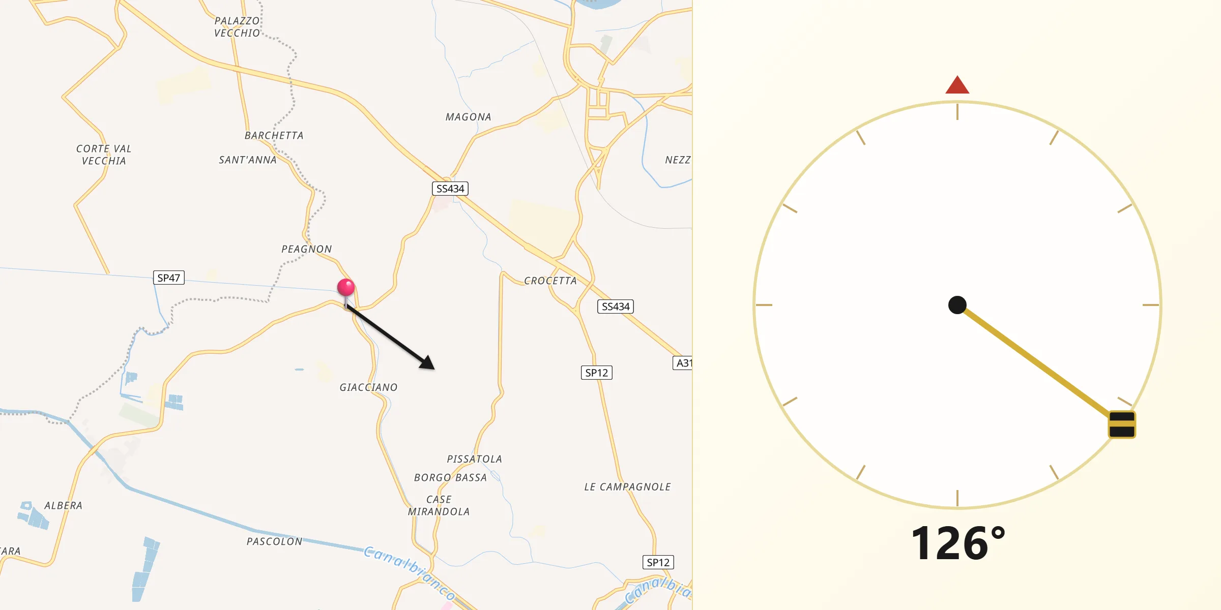 Direzione della Qibla da Giacciano con Baruchella