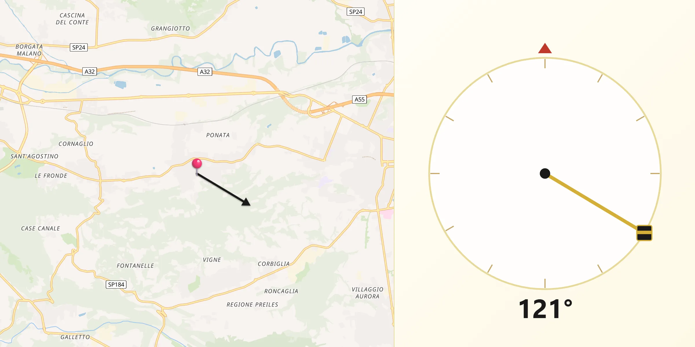 Direzione della Qibla da Rosta