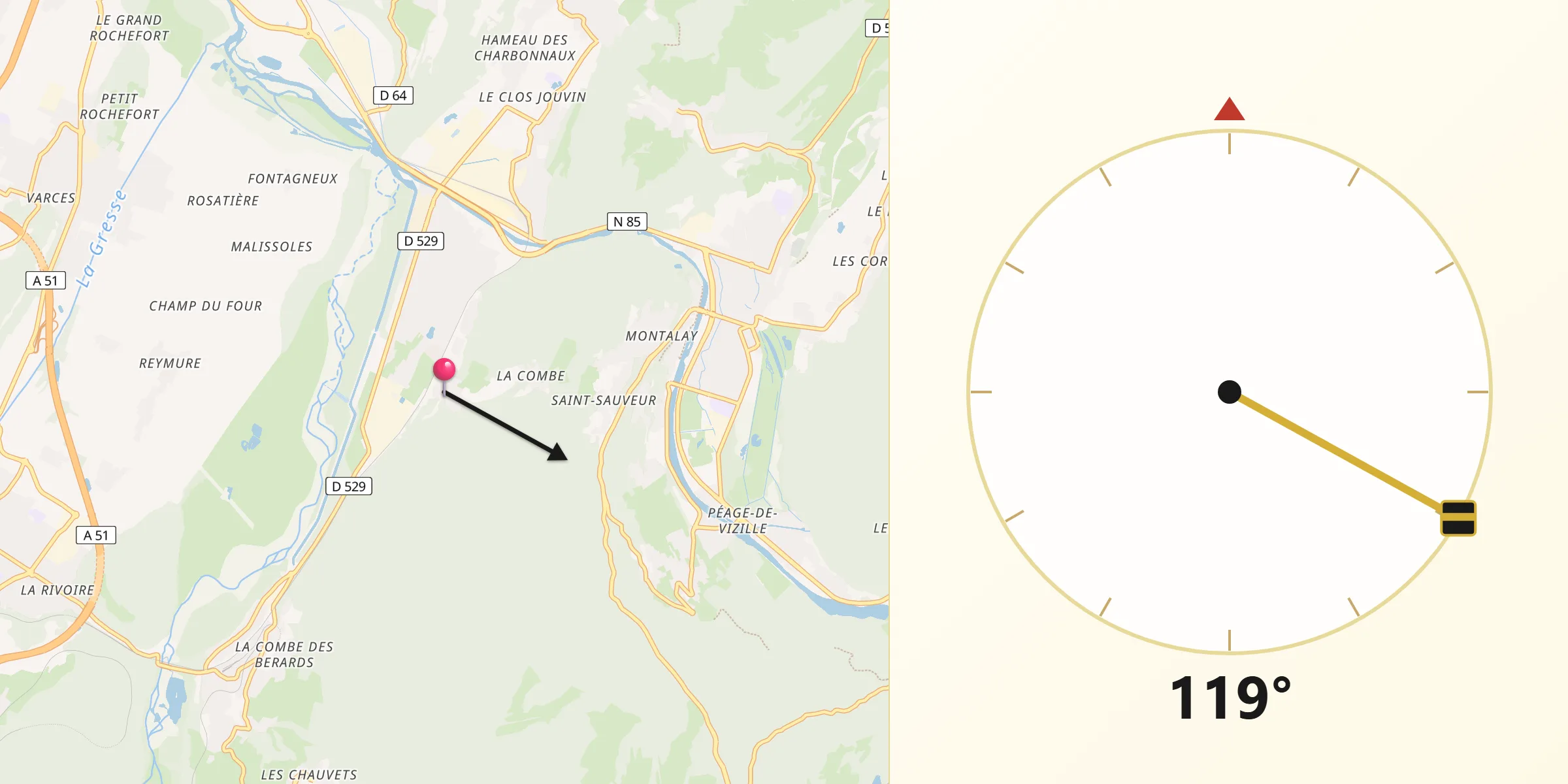 Direction vers la Qibla depuis Champ-sur-Drac