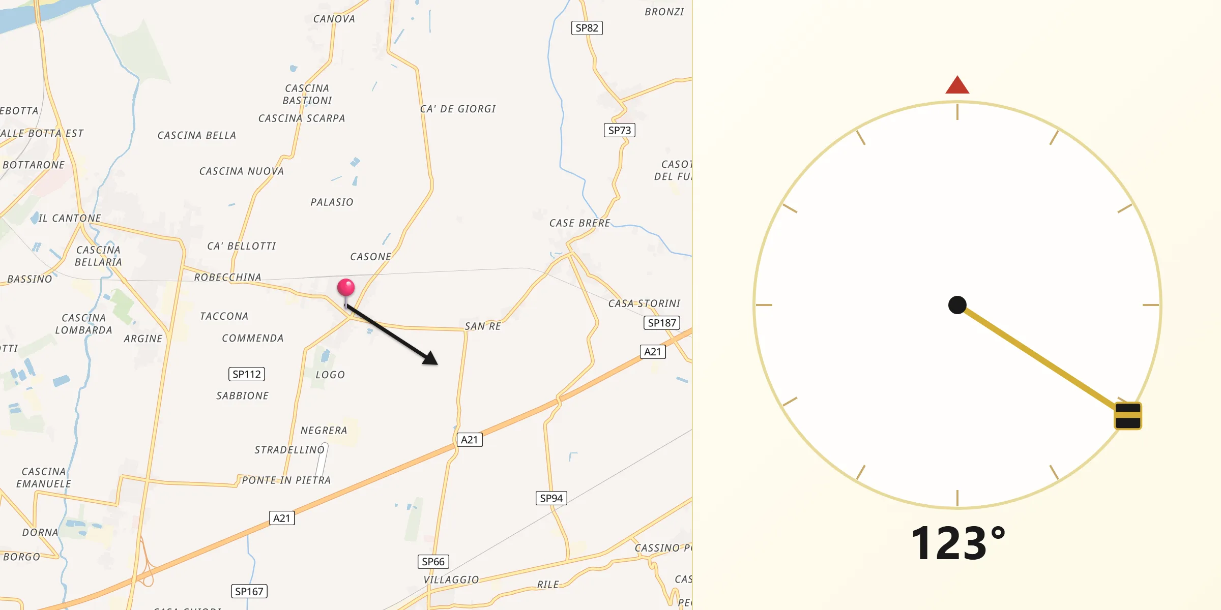 Direzione della Qibla da Pinarolo Po