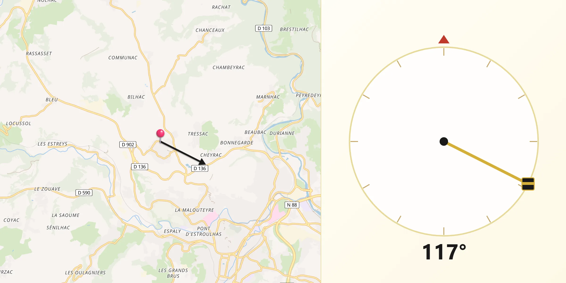 Direction vers la Qibla depuis Polignac