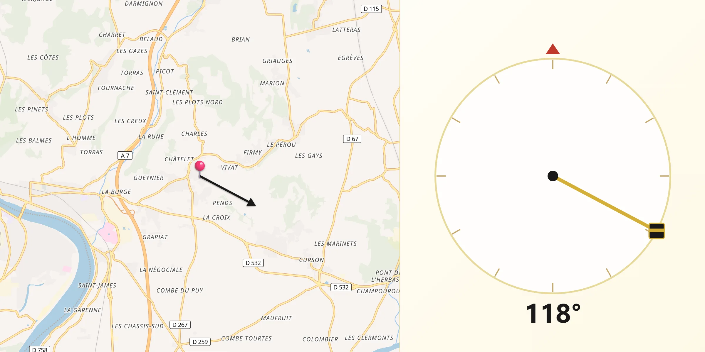 Direction vers la Qibla depuis Mercurol-Veaunes