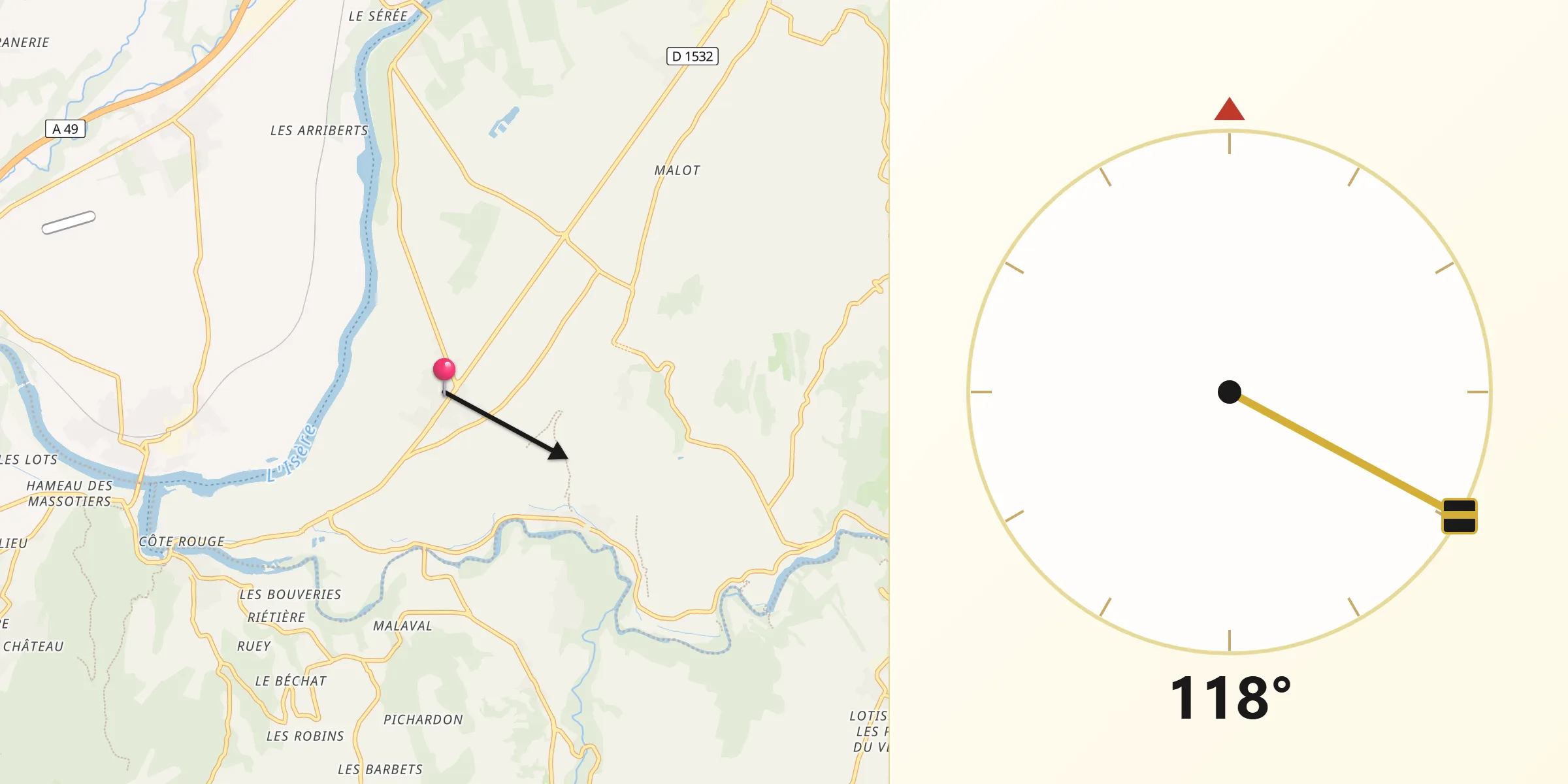 Direction vers la Qibla depuis Saint-Just-de-Claix
