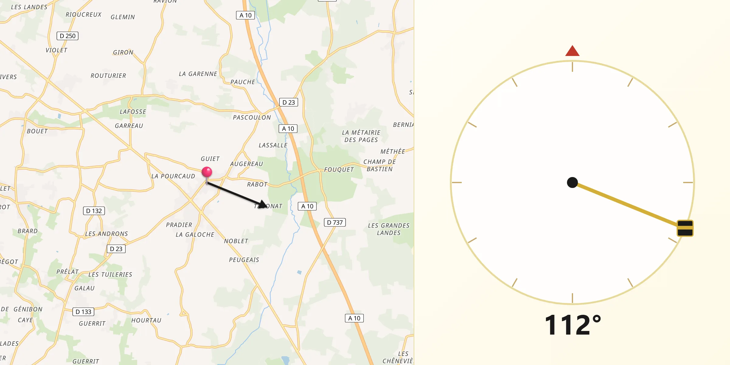 Direction vers la Qibla depuis Pugnac