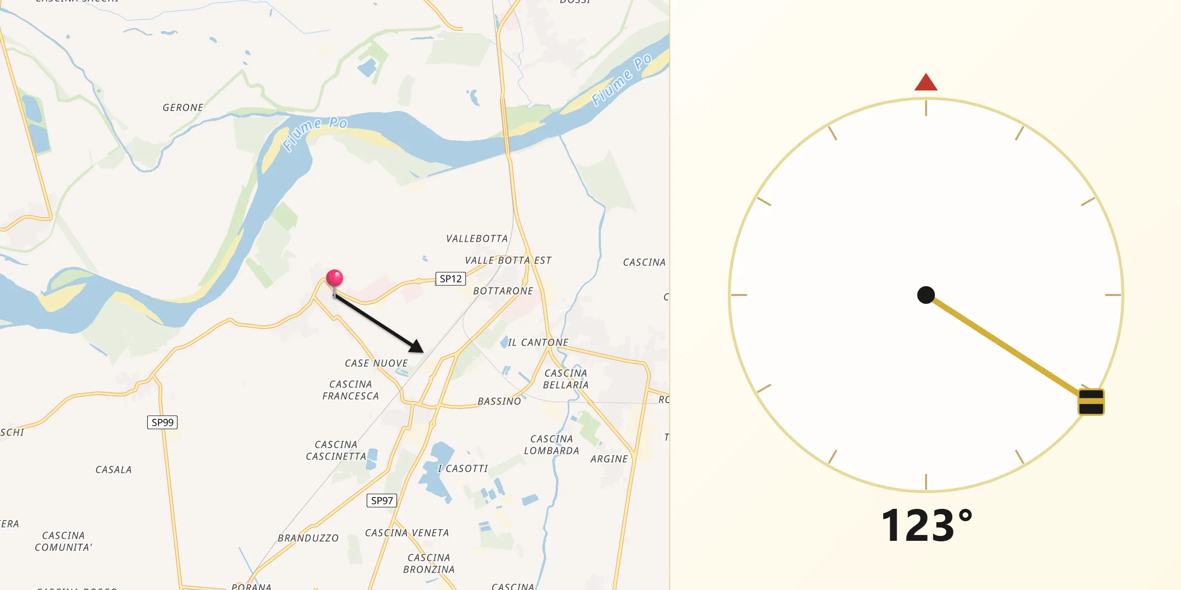 Direzione della Qibla da Bastida Pancarana