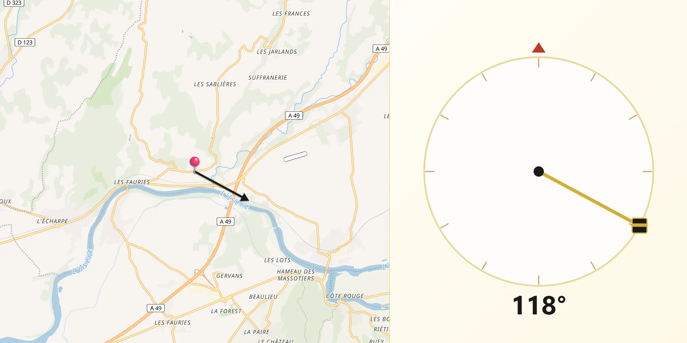 Direction vers la Qibla depuis Saint-Lattier