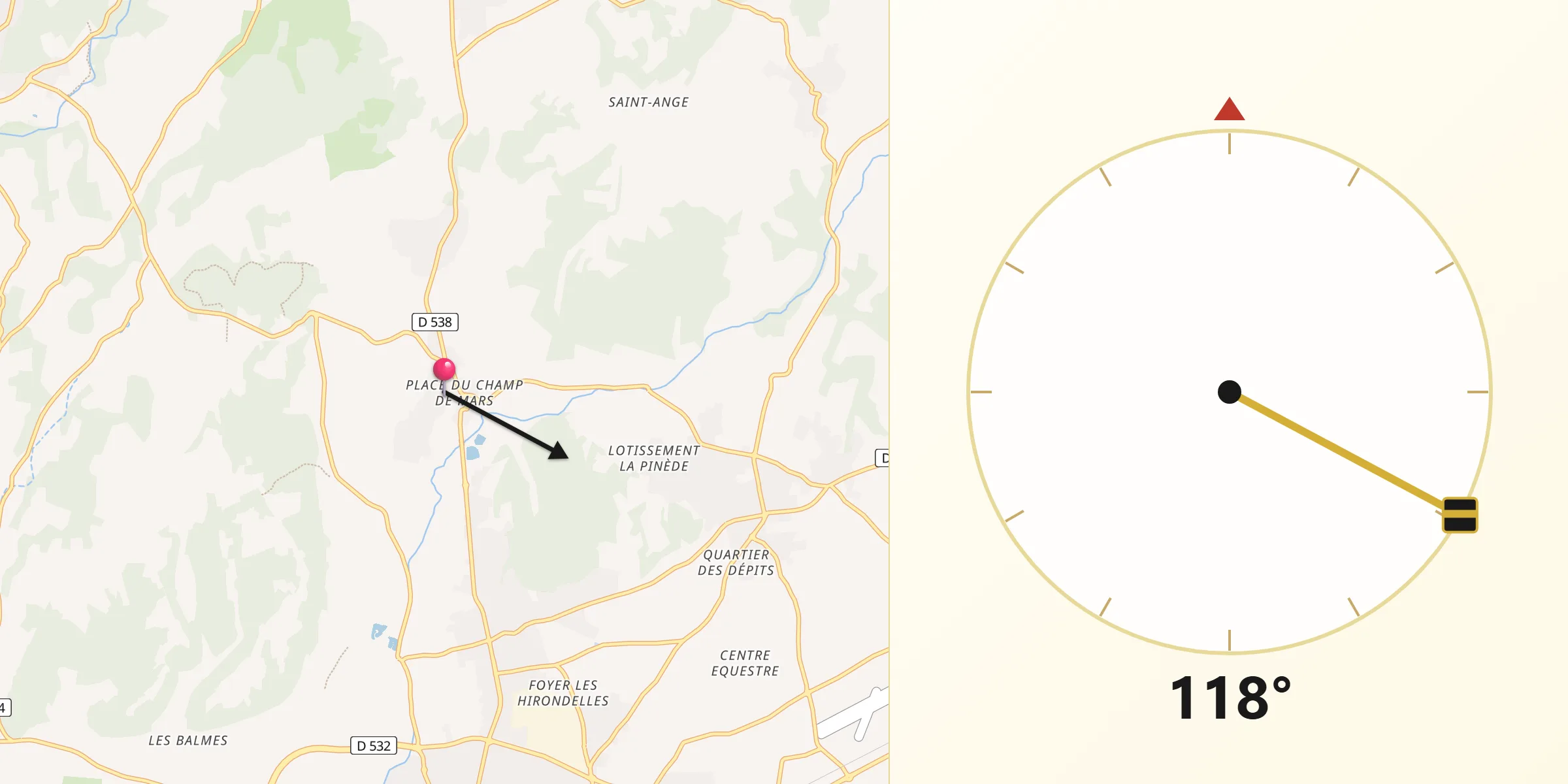 Direction vers la Qibla depuis Peyrins