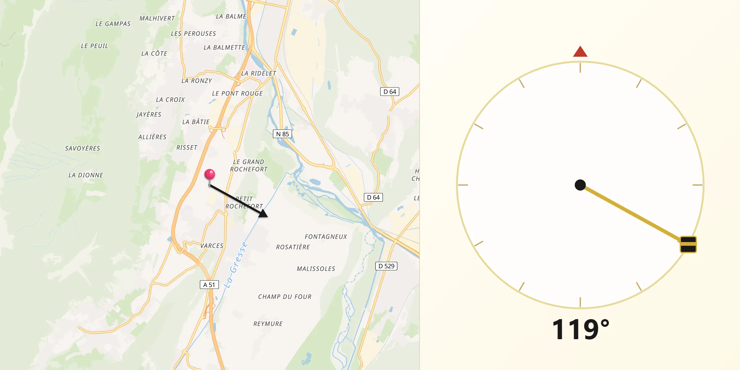 Direction vers la Qibla depuis Allières-et-Risset
