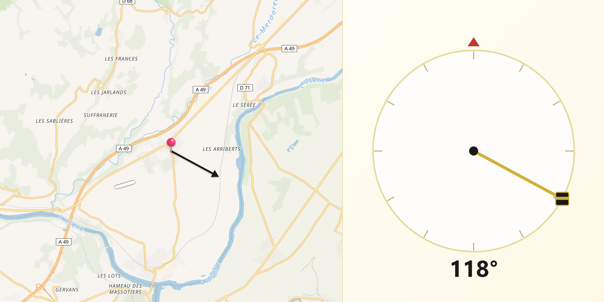 Direction vers la Qibla depuis Saint-Hilaire-du-Rosier