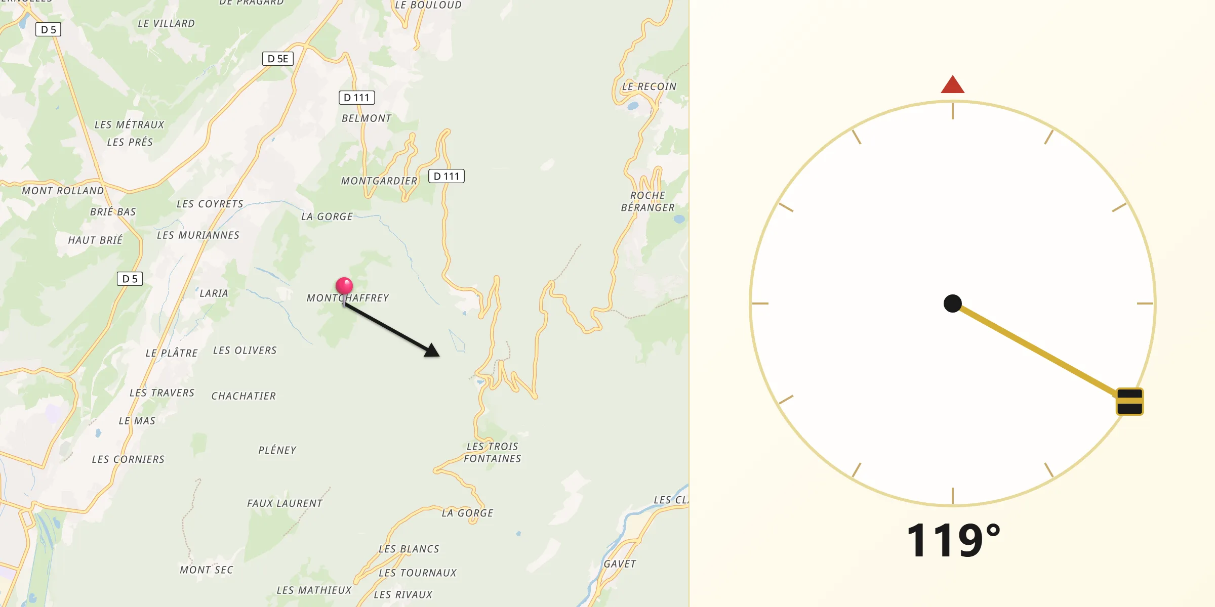 Direction vers la Qibla depuis Vaulnaveys-le-Bas