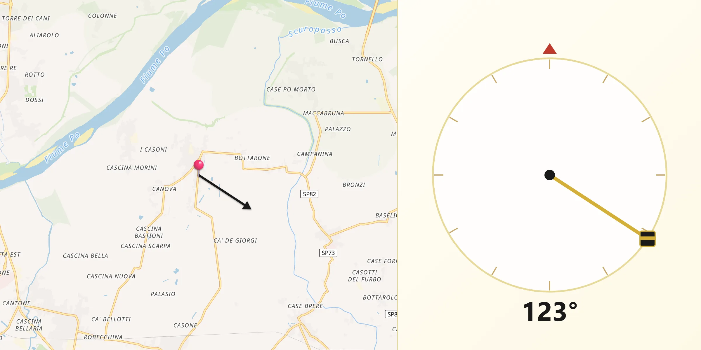 Direzione della Qibla da Verrua Po
