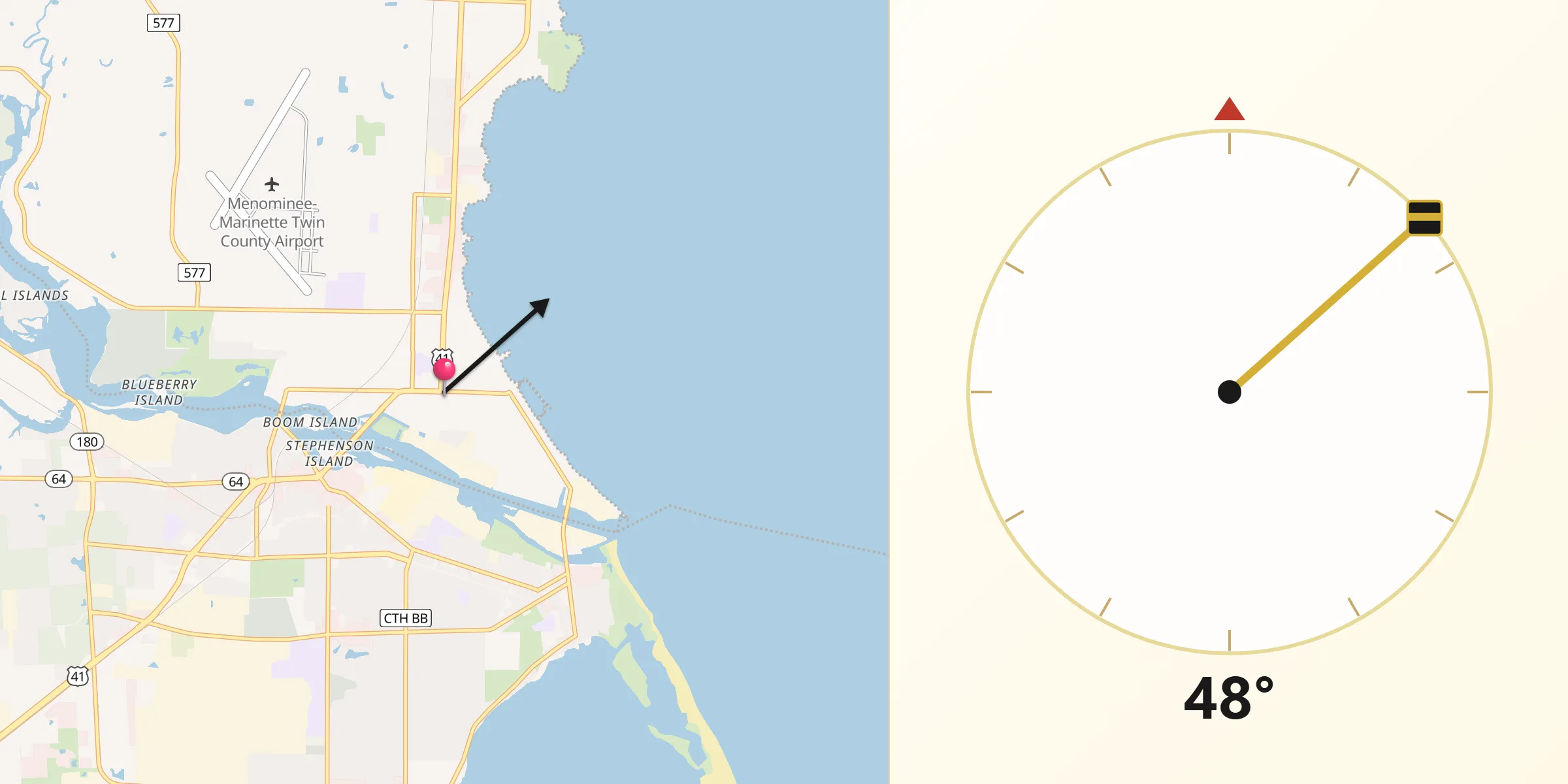 Qibla Direction from Menominee