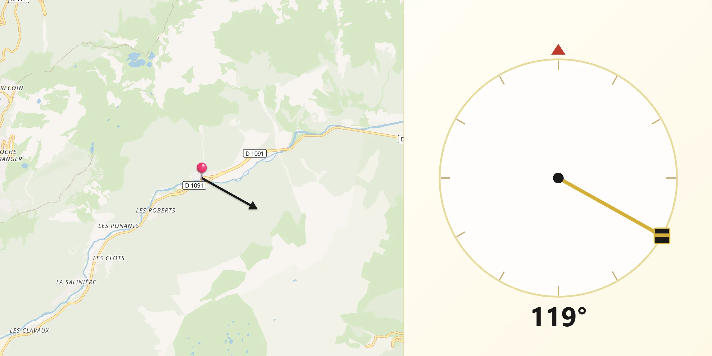 Direction vers la Qibla depuis Livet-et-Gavet