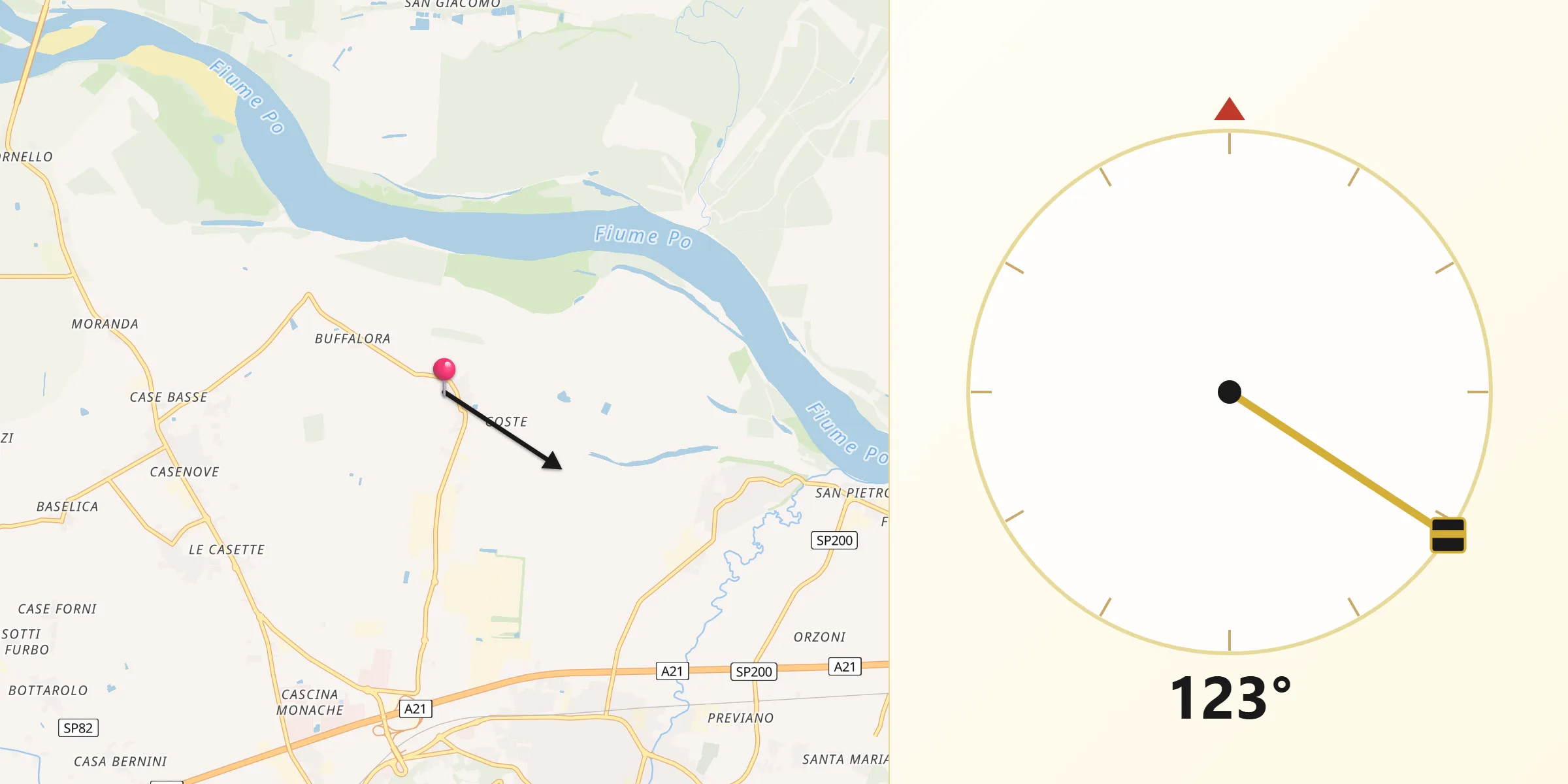 Direzione della Qibla da San Cipriano Po