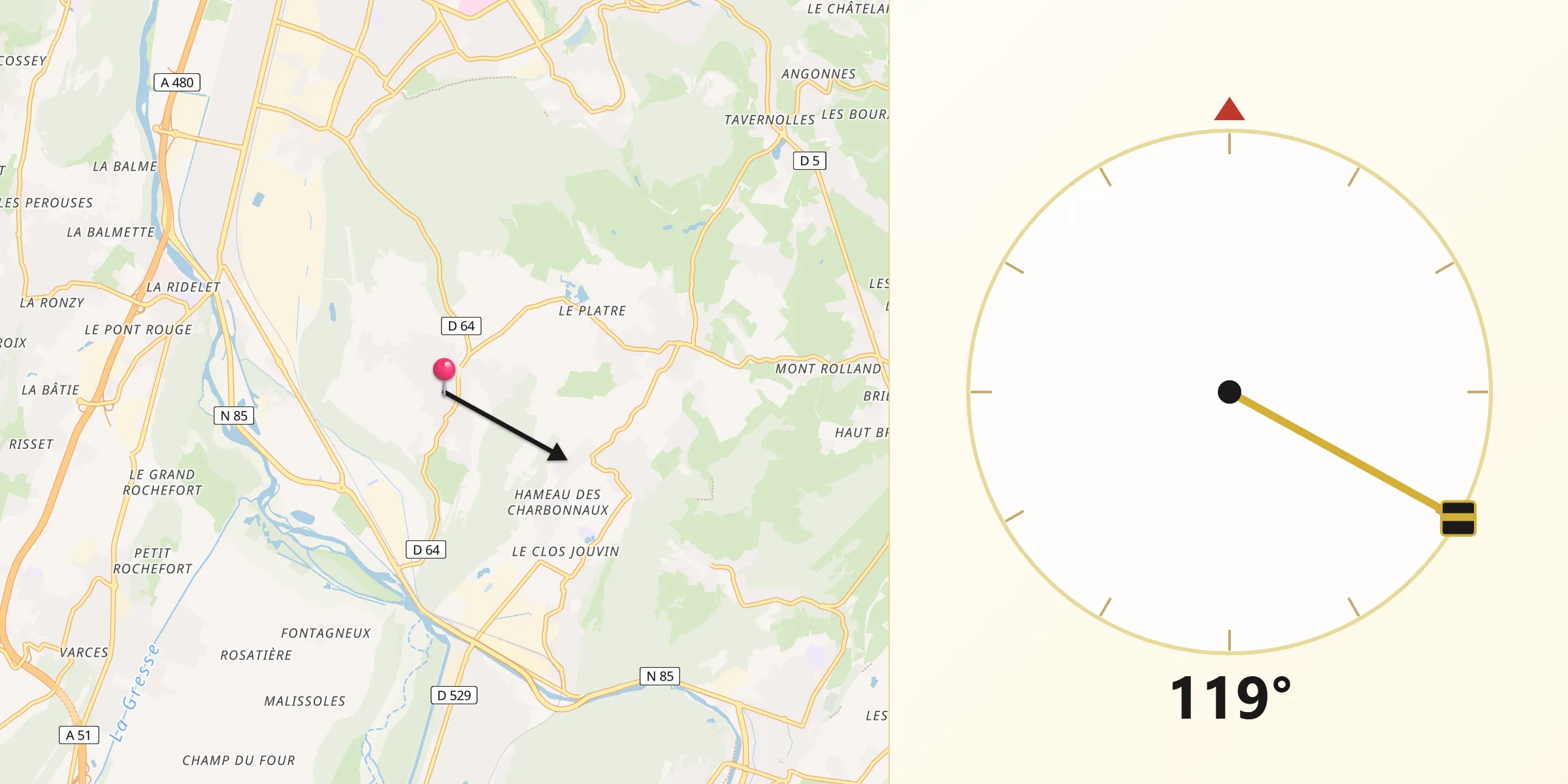 Direction vers la Qibla depuis Champagnier