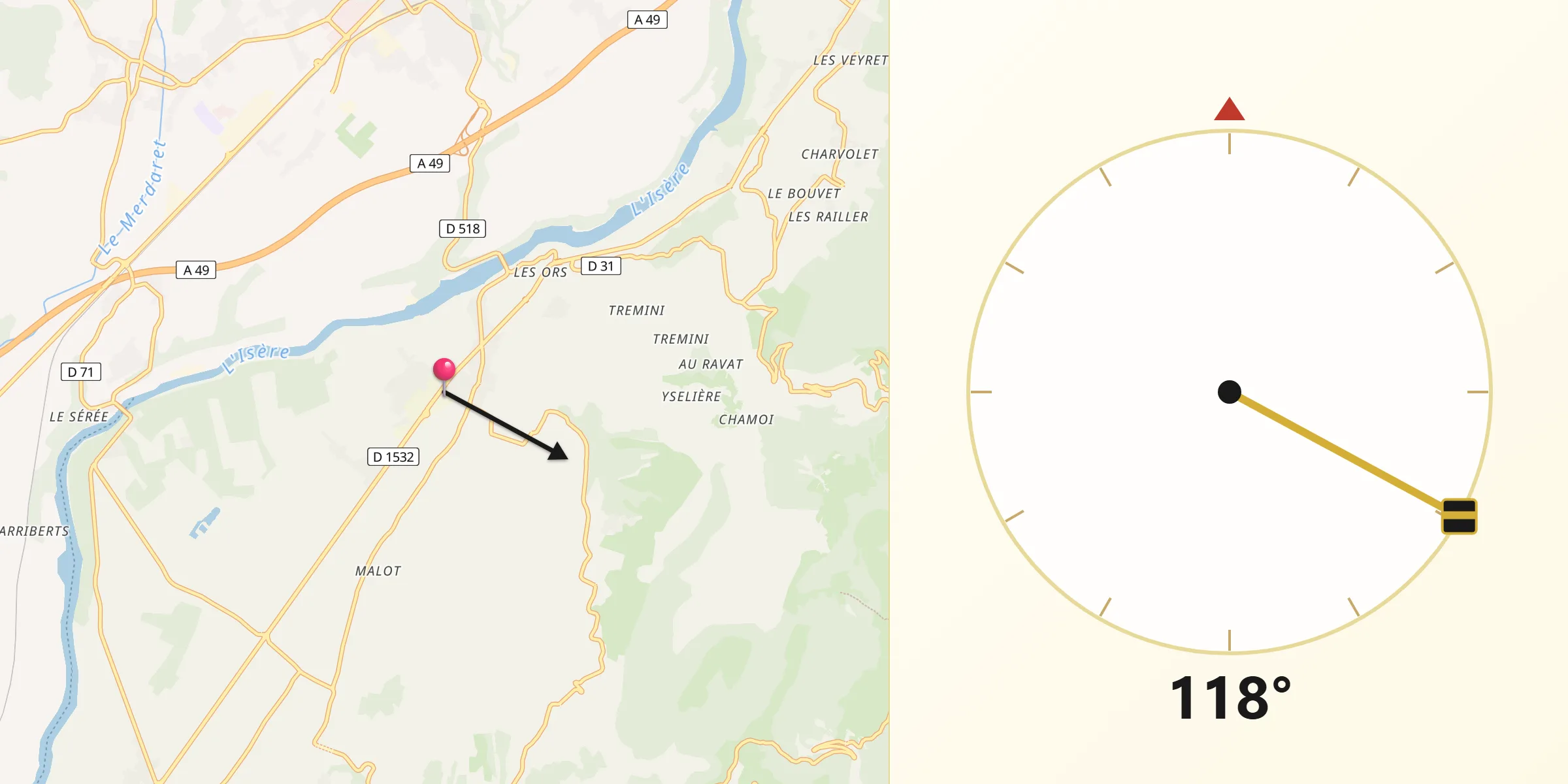 Direction vers la Qibla depuis Saint-Romans