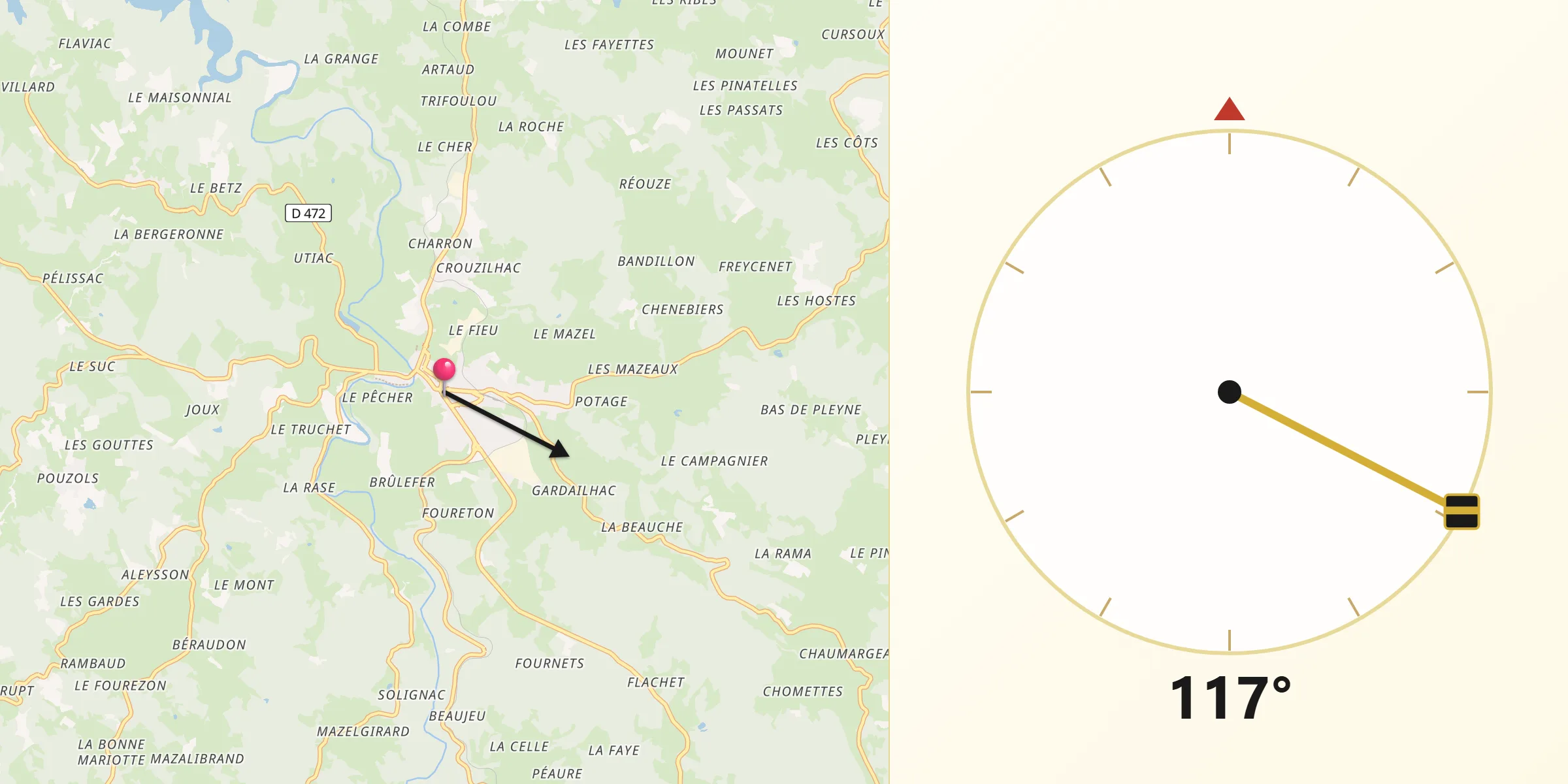 Direction vers la Qibla depuis Tence