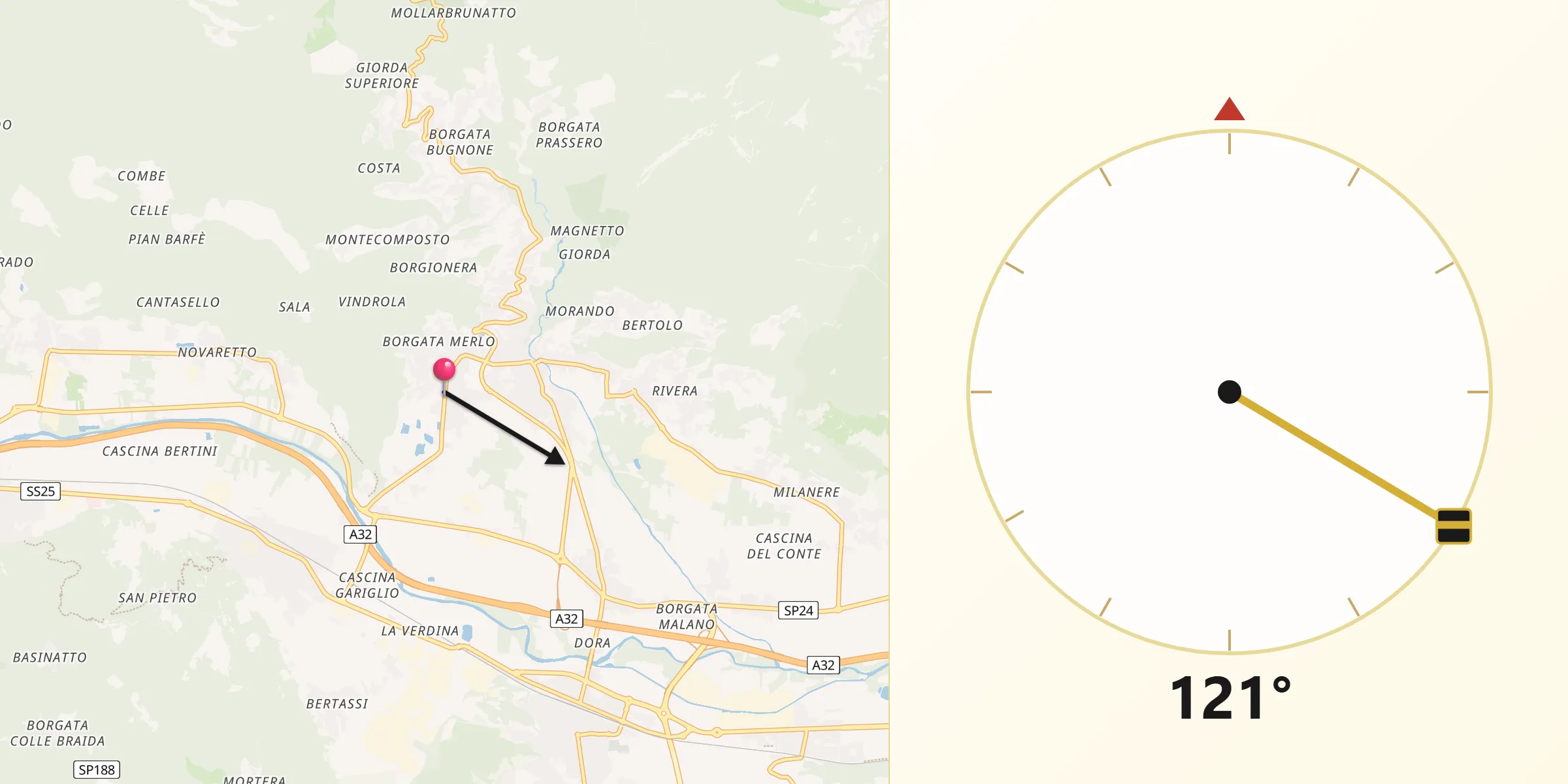 Direzione della Qibla da Villar Dora