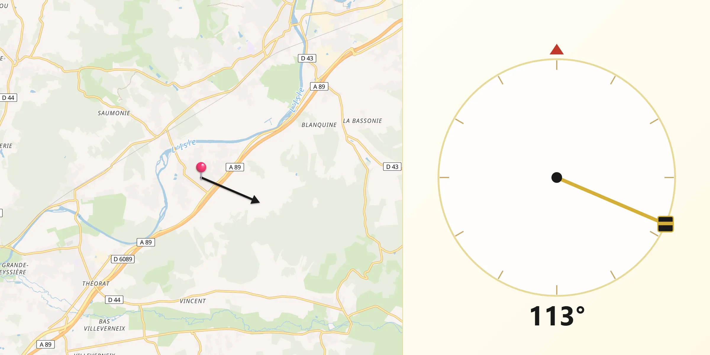 Direction vers la Qibla depuis Saint-Léon-sur-l’Isle