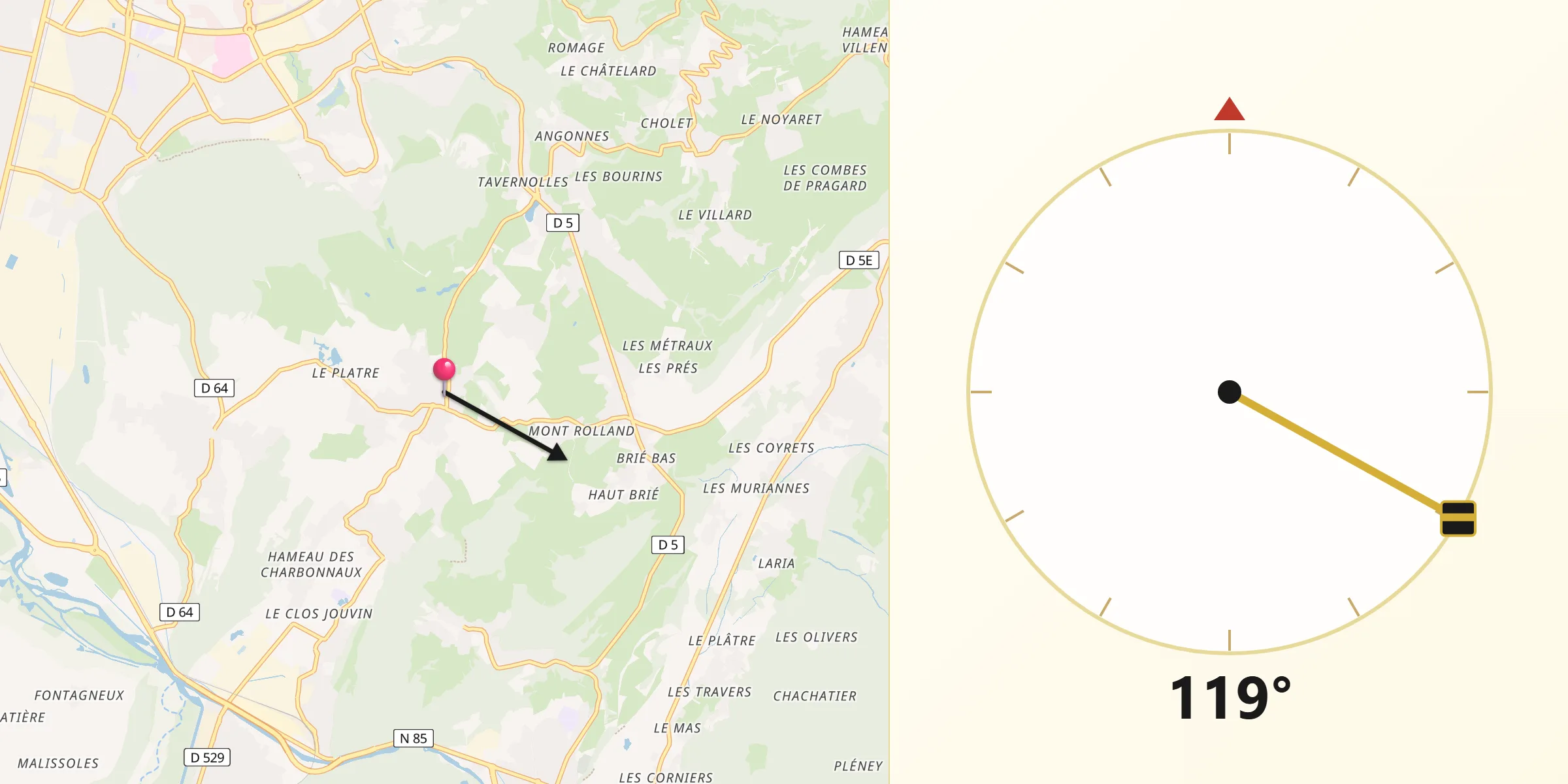 Direction vers la Qibla depuis Jarrie