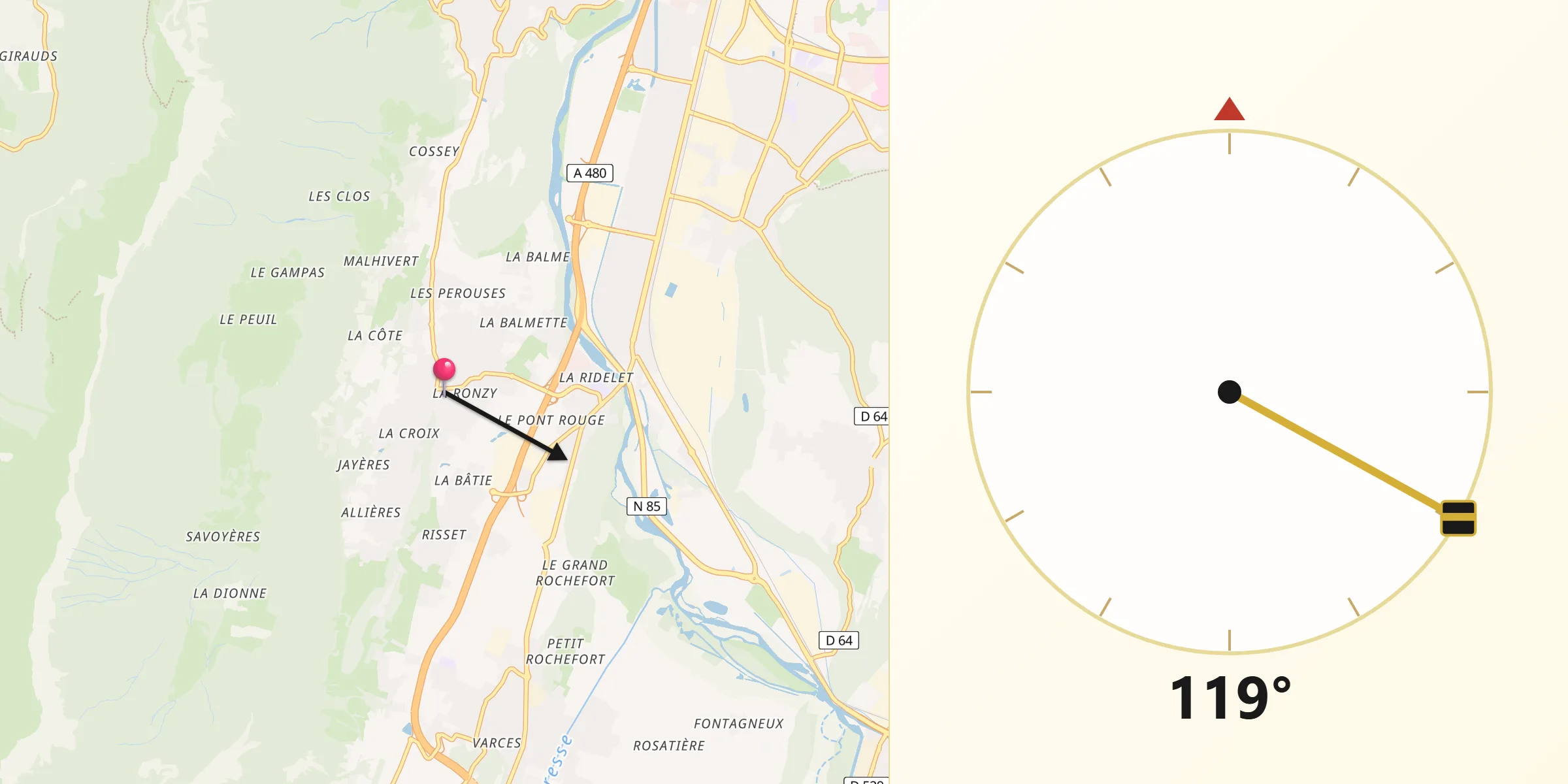 Direction vers la Qibla depuis Claix