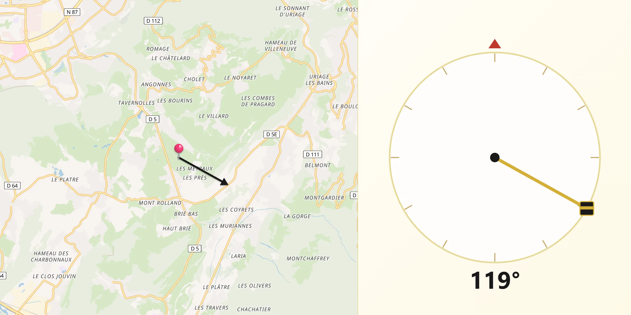Direction vers la Qibla depuis Brié-et-Angonnes