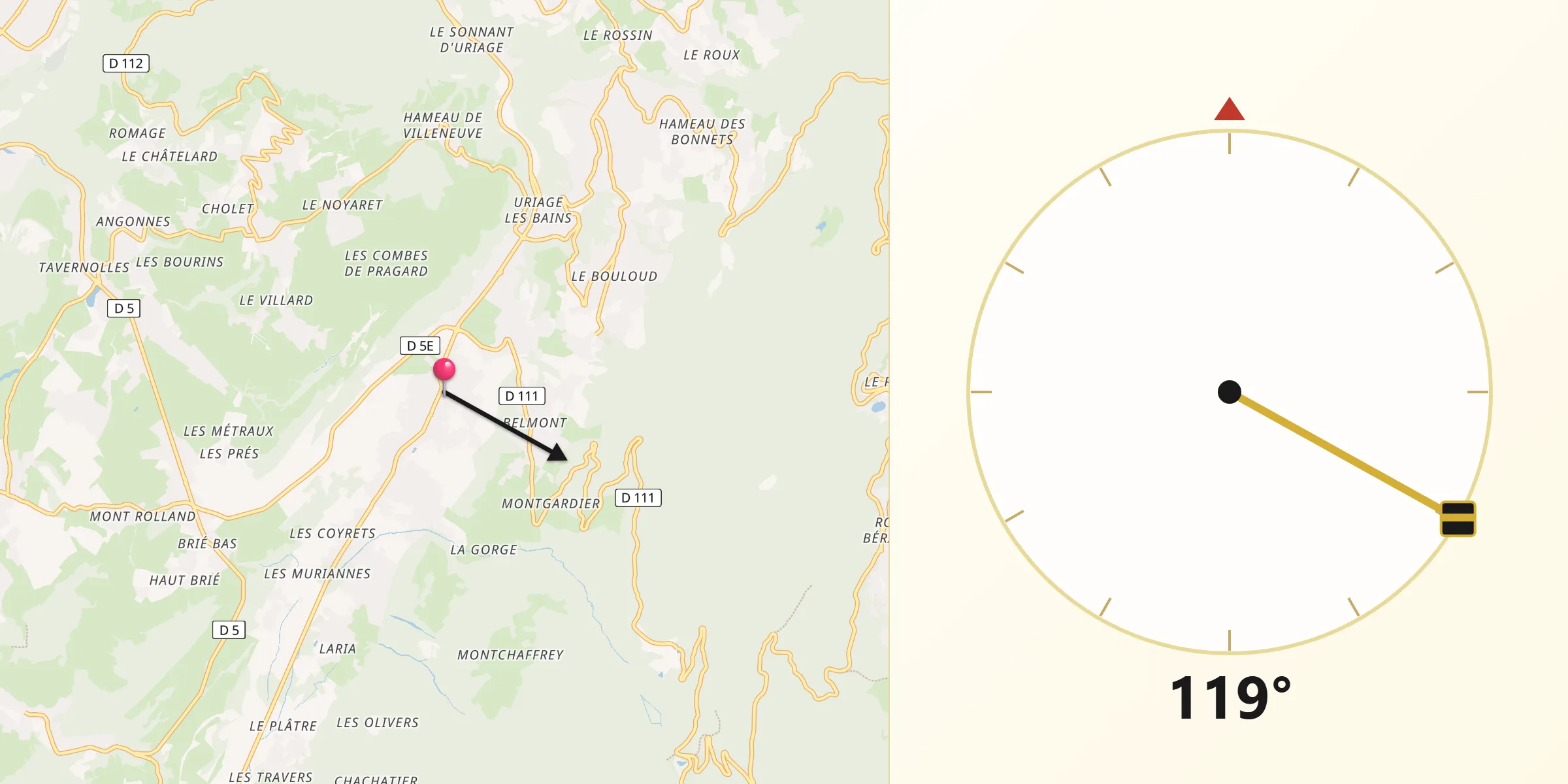 Direction vers la Qibla depuis Vaulnaveys-le-Haut