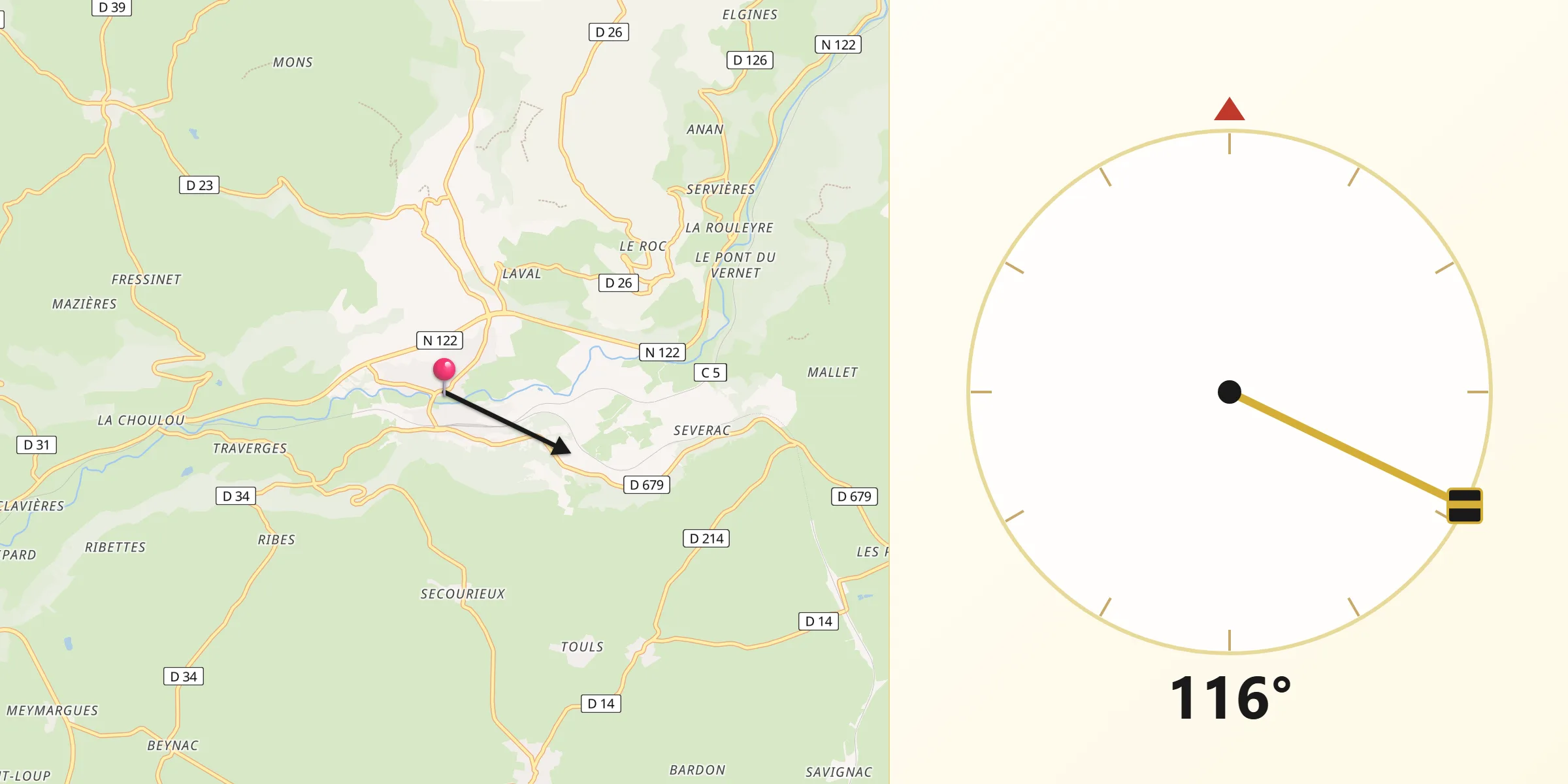 Direction vers la Qibla depuis Neussargues