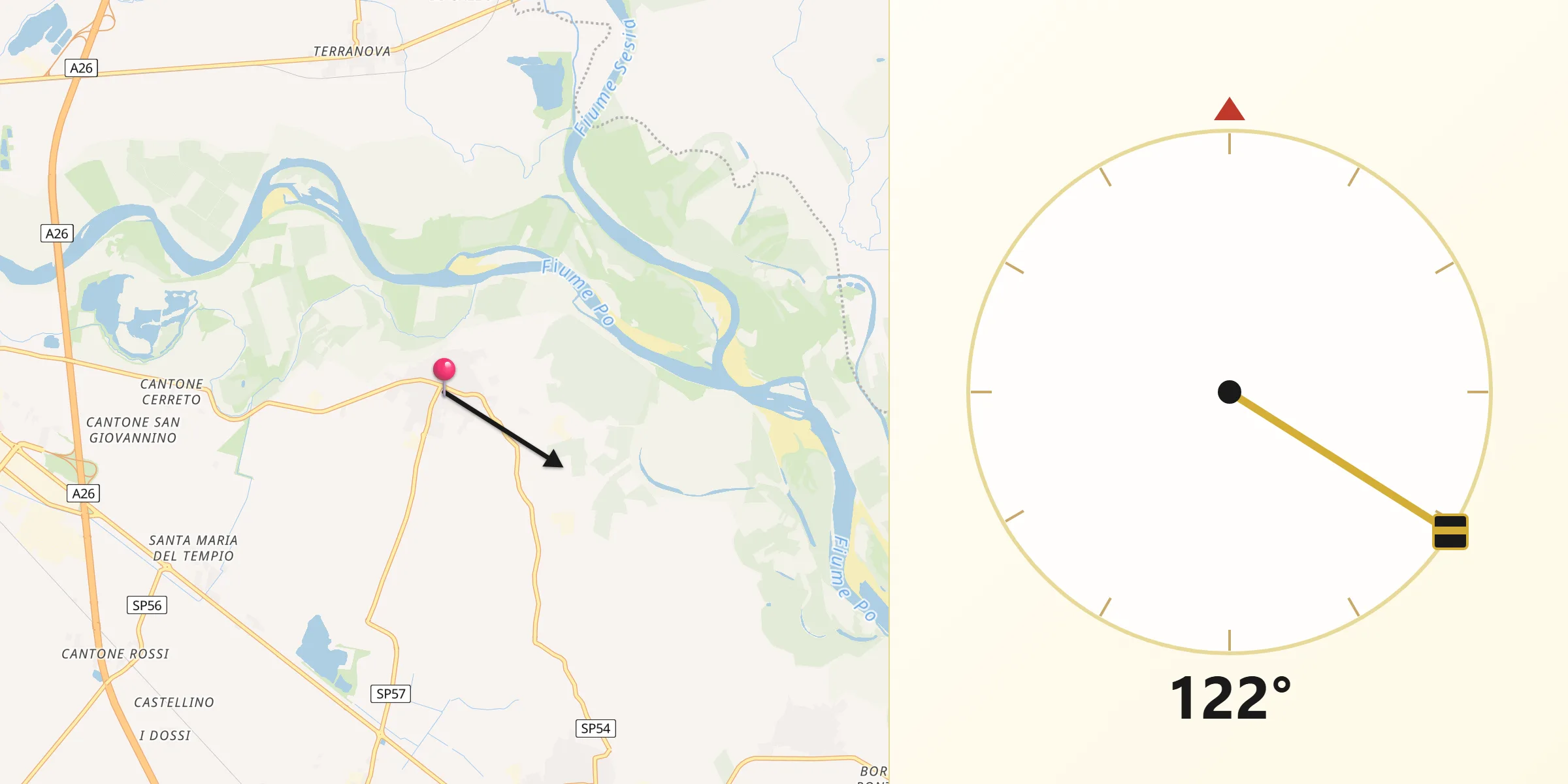 Direzione della Qibla da Frassineto Po