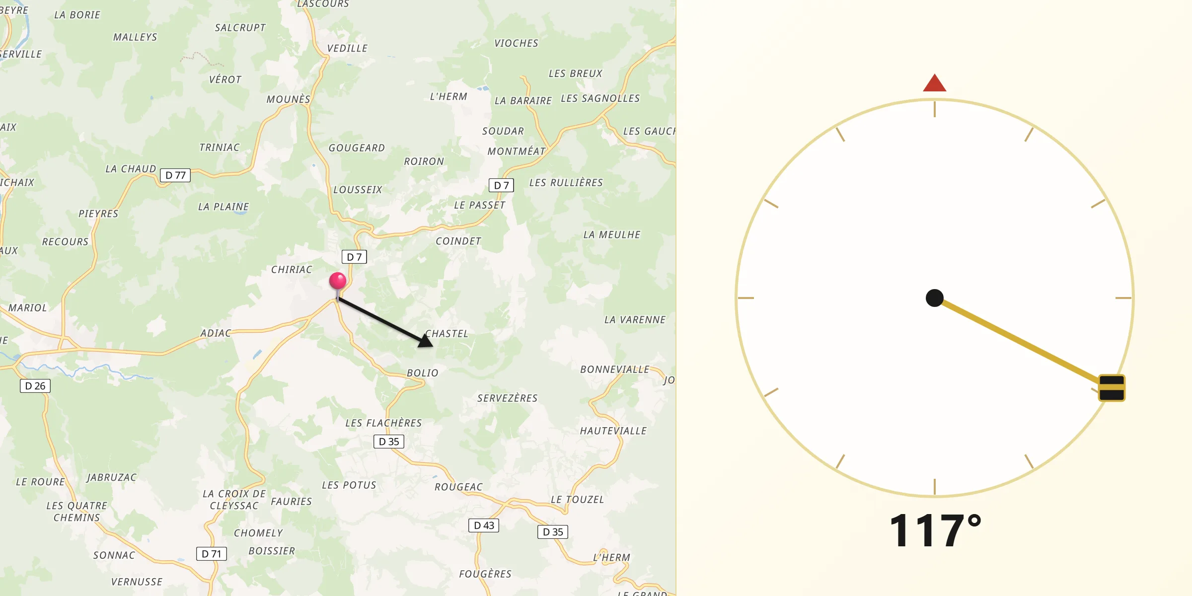 Direction vers la Qibla depuis Rosières