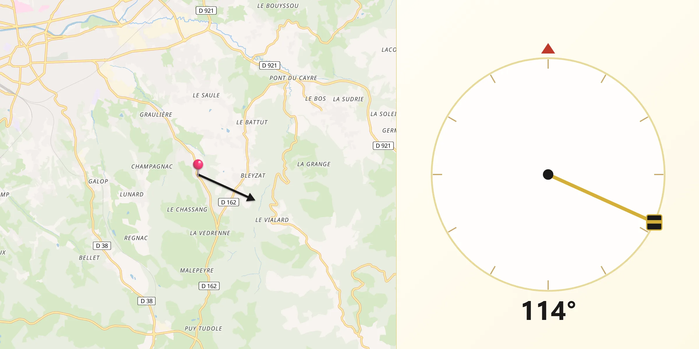 Direction vers la Qibla depuis Cosnac