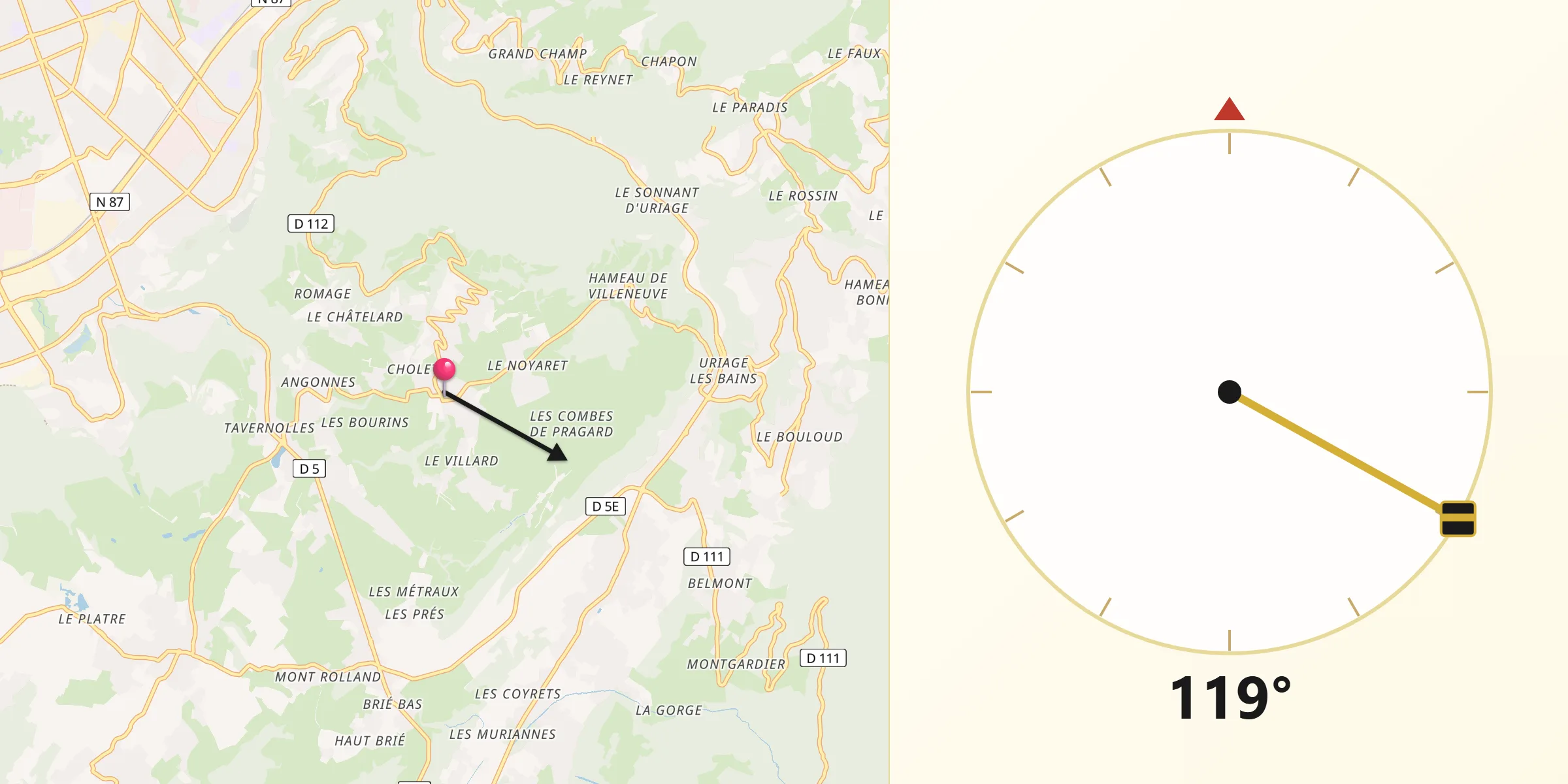 Direction vers la Qibla depuis Herbeys