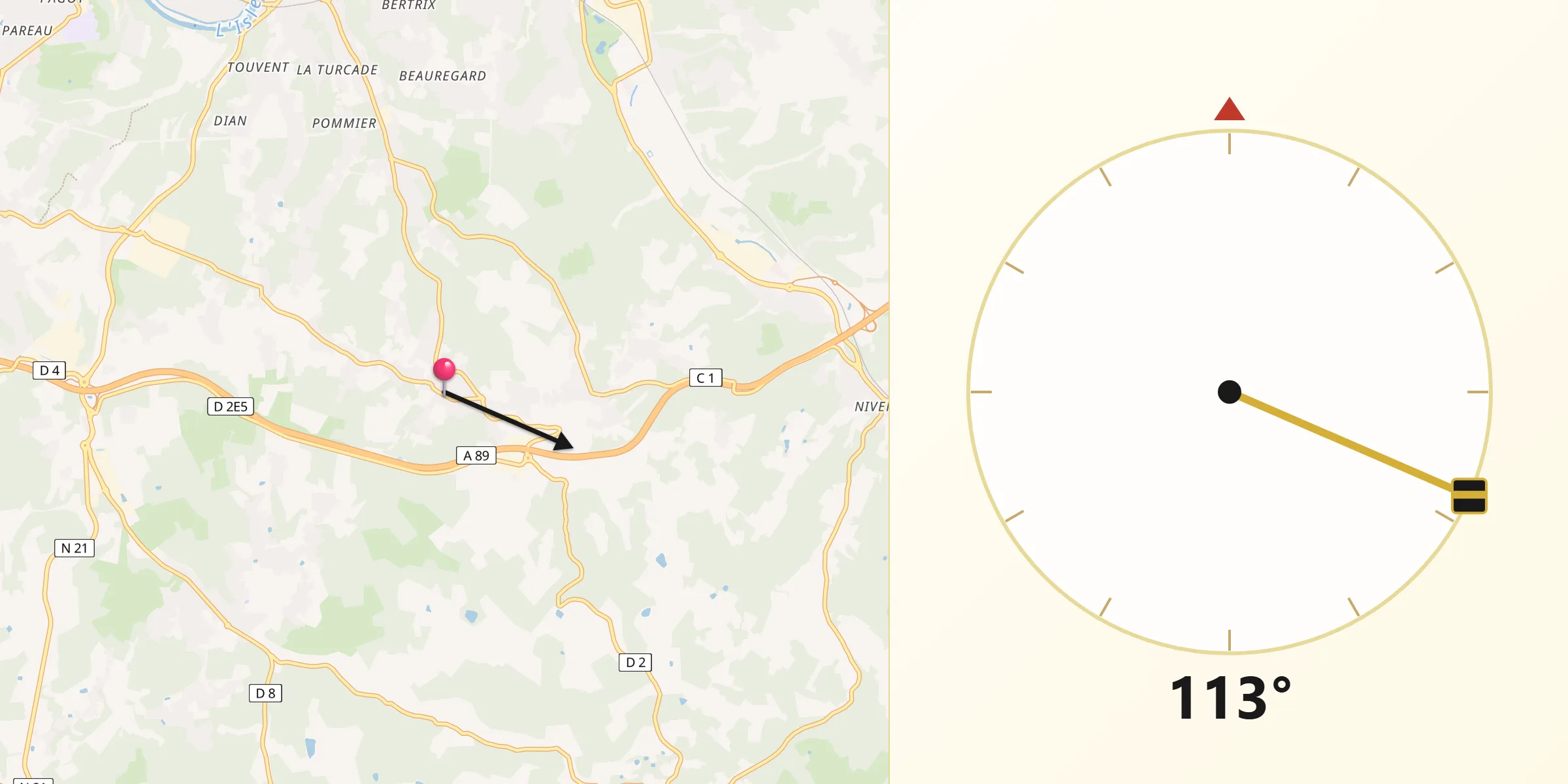 Direction vers la Qibla depuis Atur