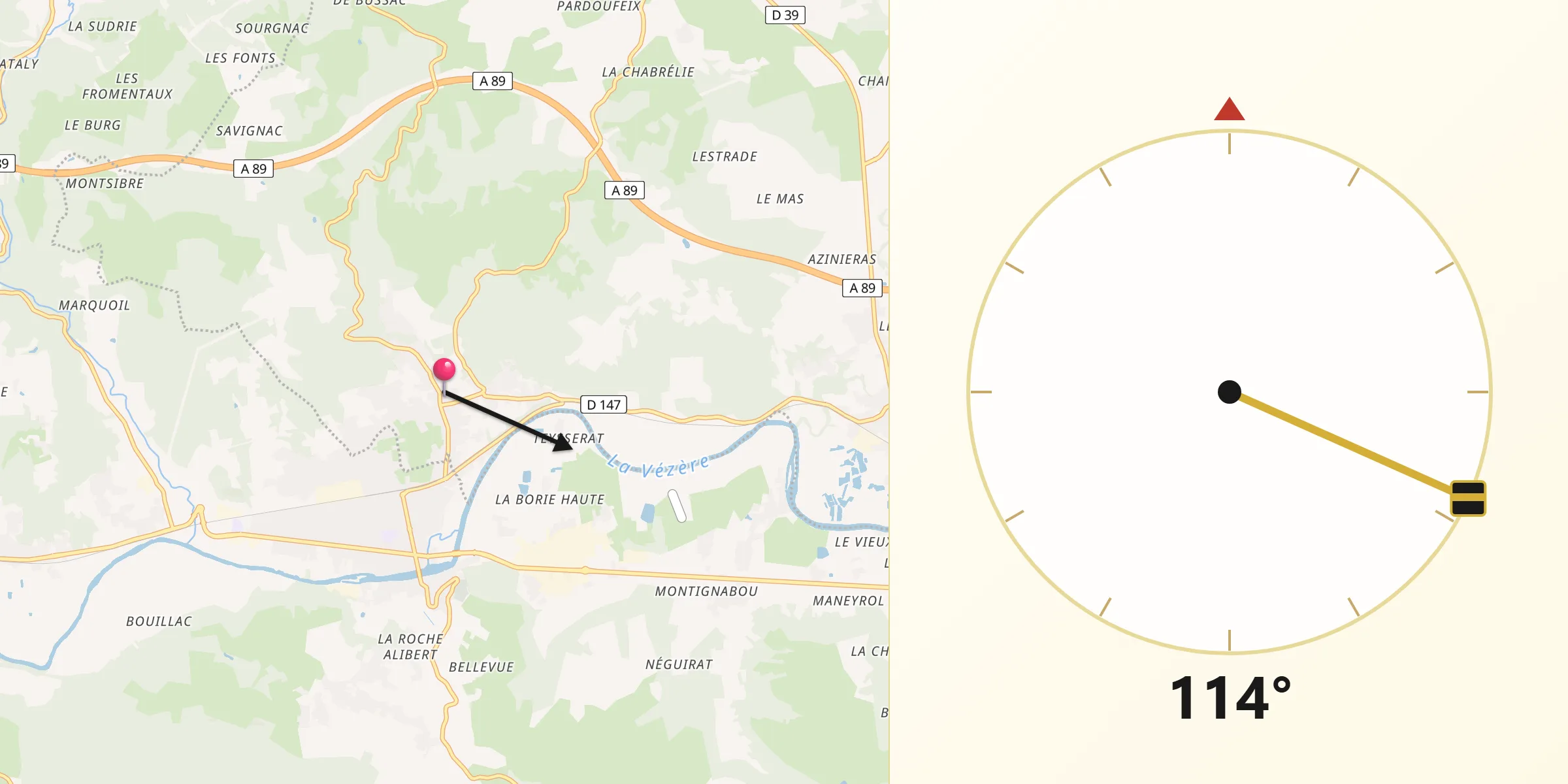 Direction vers la Qibla depuis Cublac