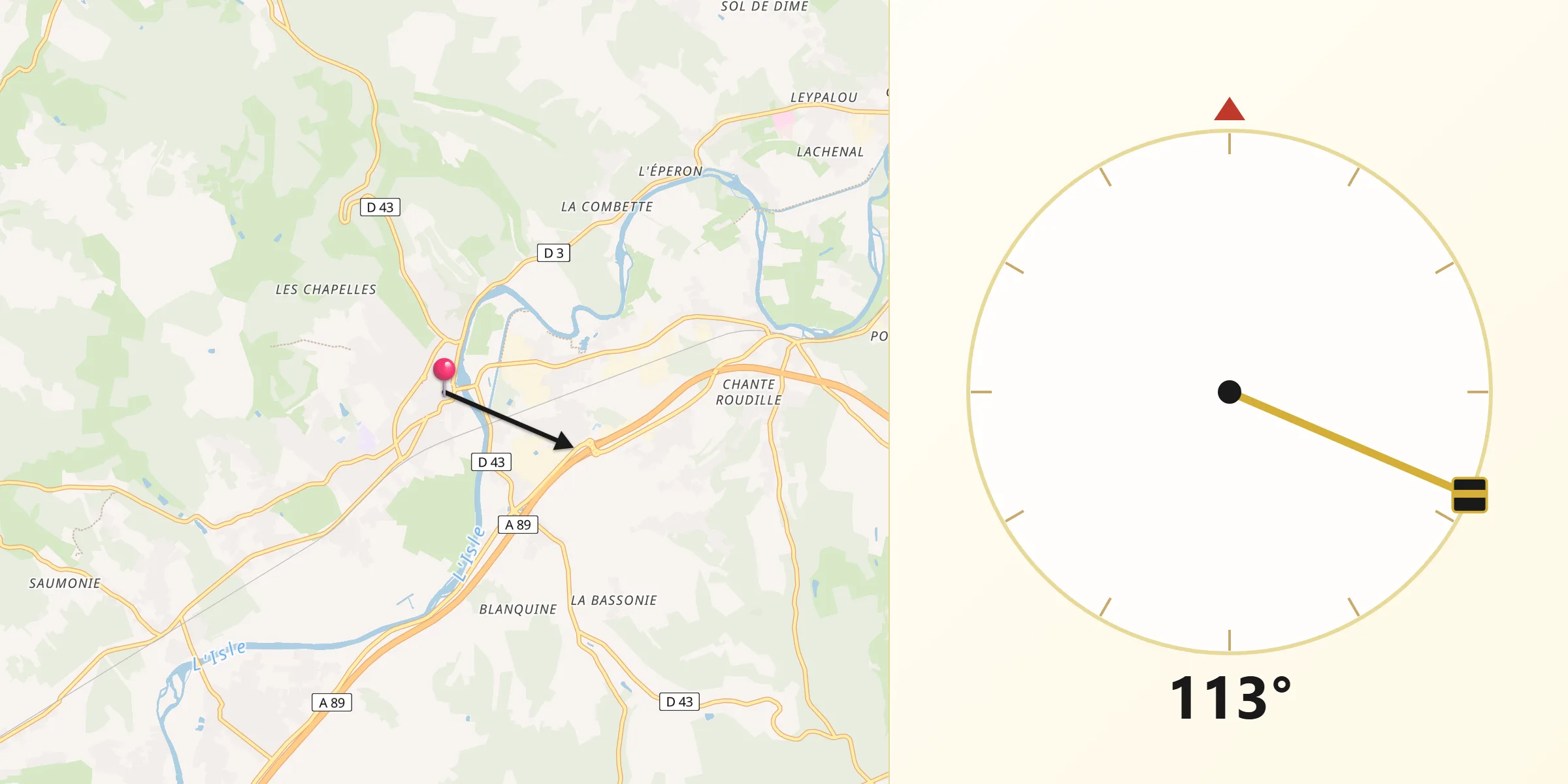 Direction vers la Qibla depuis Saint-Astier
