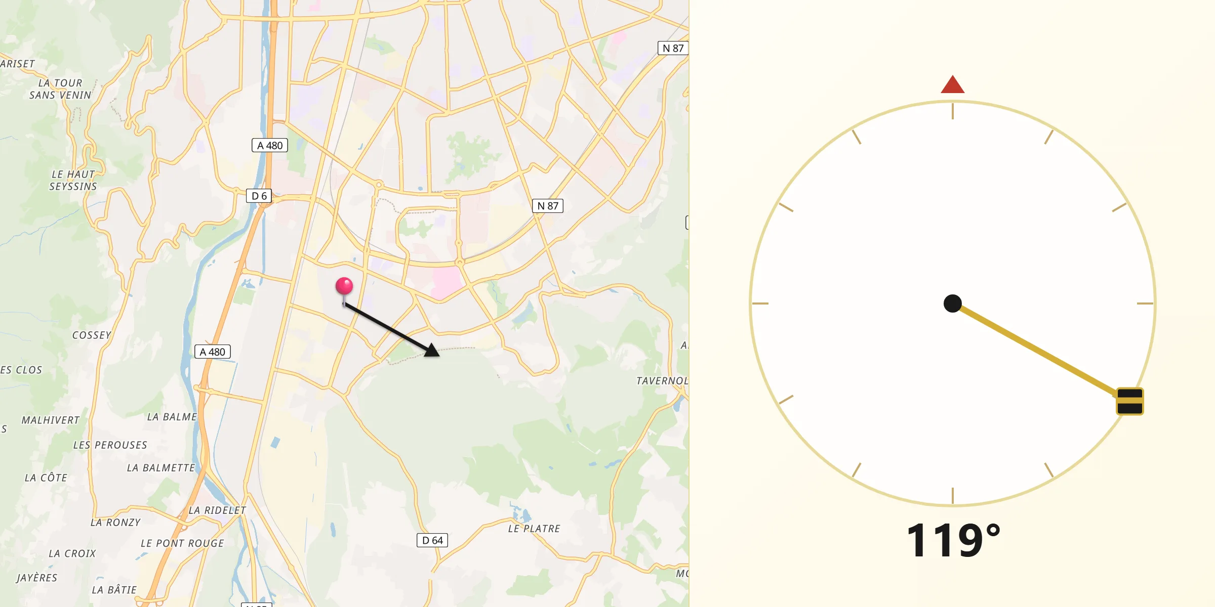 Direction vers la Qibla depuis Échirolles
