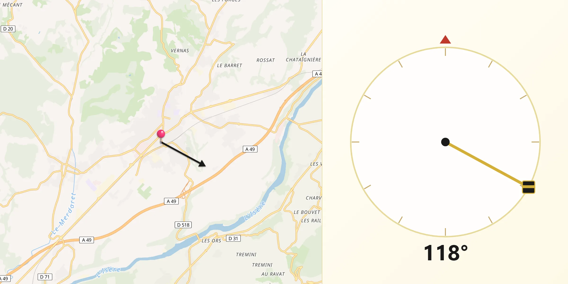 Direction vers la Qibla depuis Saint-Marcellin