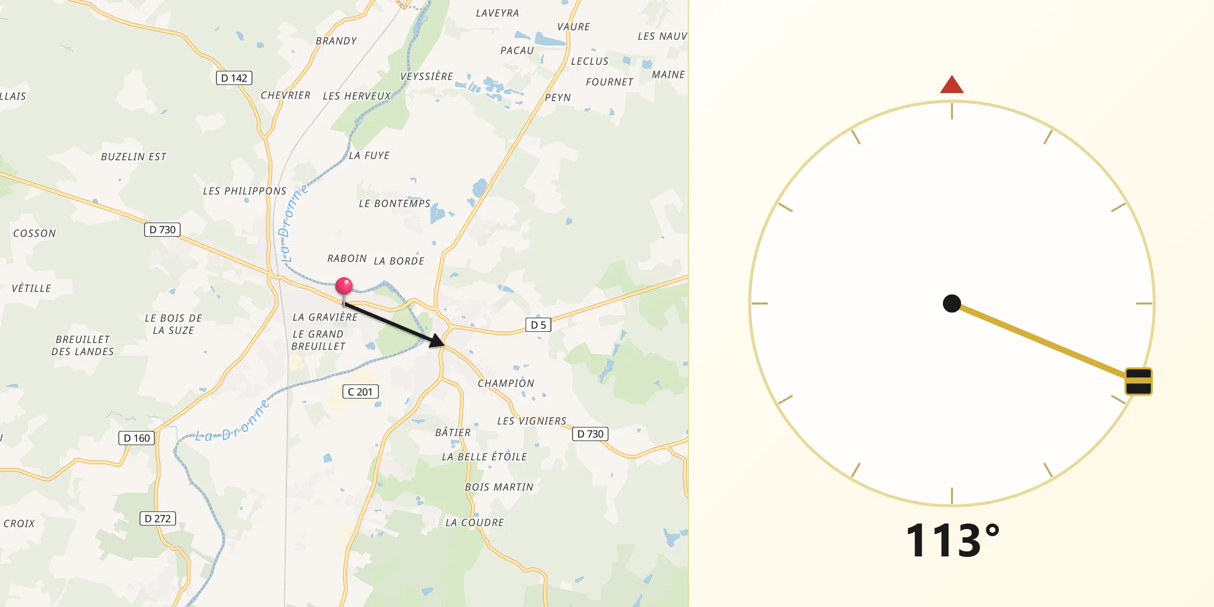 Direction vers la Qibla depuis Saint-Aigulin